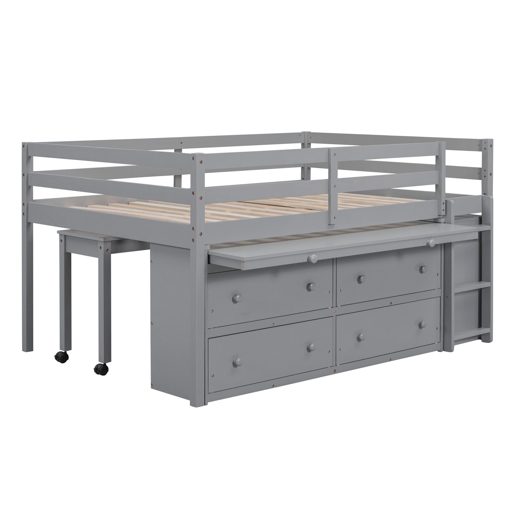 Loft Bed With Retractable Writing Desk And 4 Drawers, With Lateral Portable Desk And Shelves