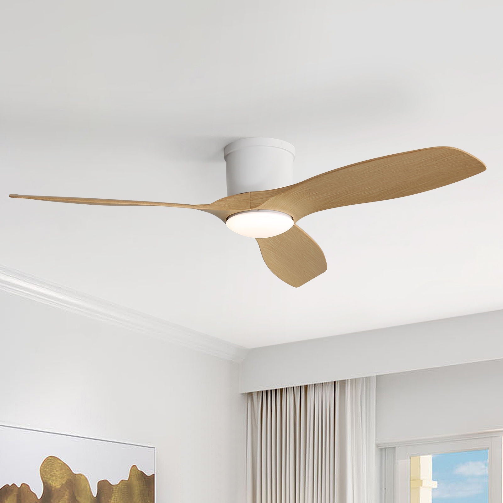 Flush Mount Ceiling Fan With Dimmable LED Light, 3 Blades, Reversible DC Motor