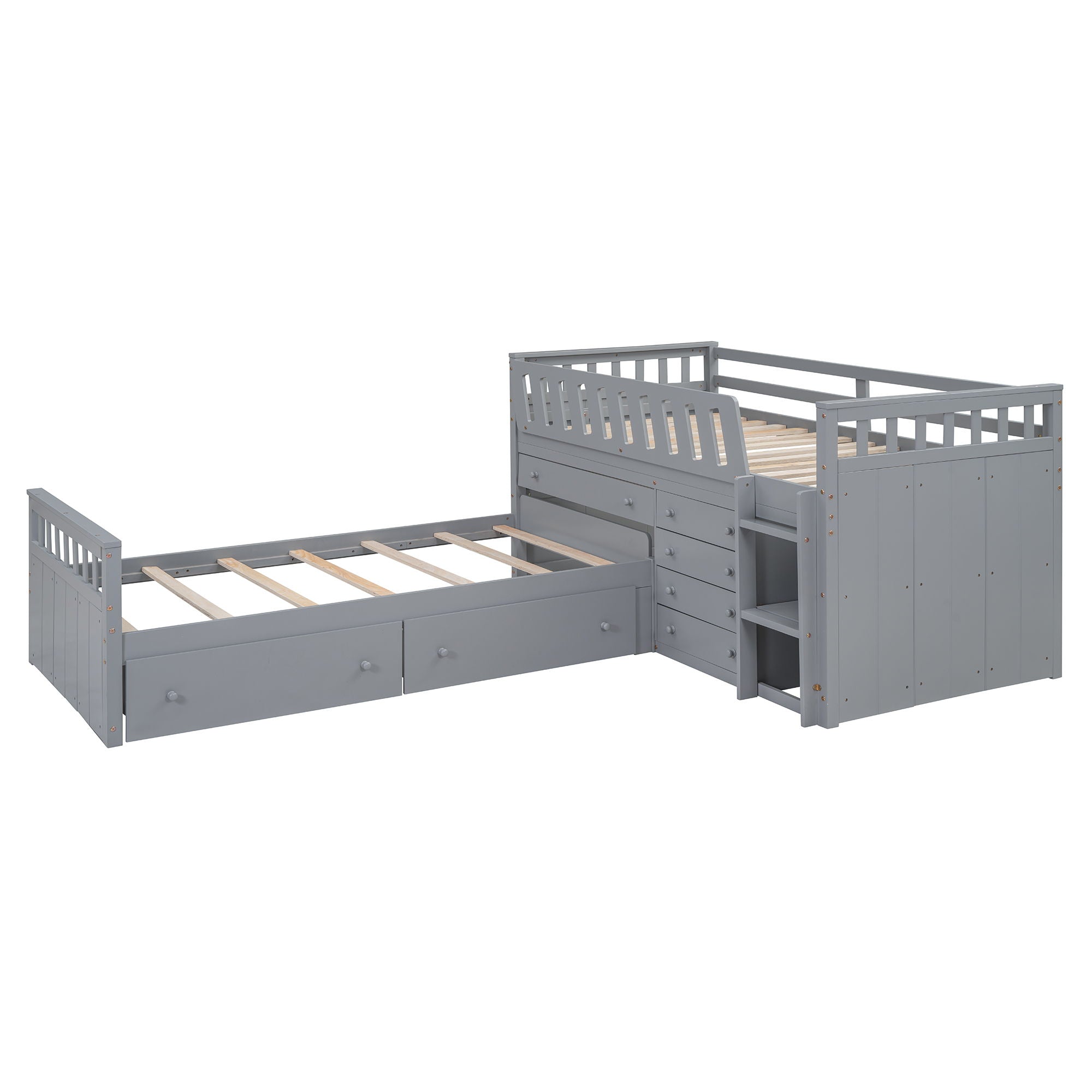 Loft Platform Bed With 7 Drawers And Full Guardrails, Modern L Shaped Space Savin