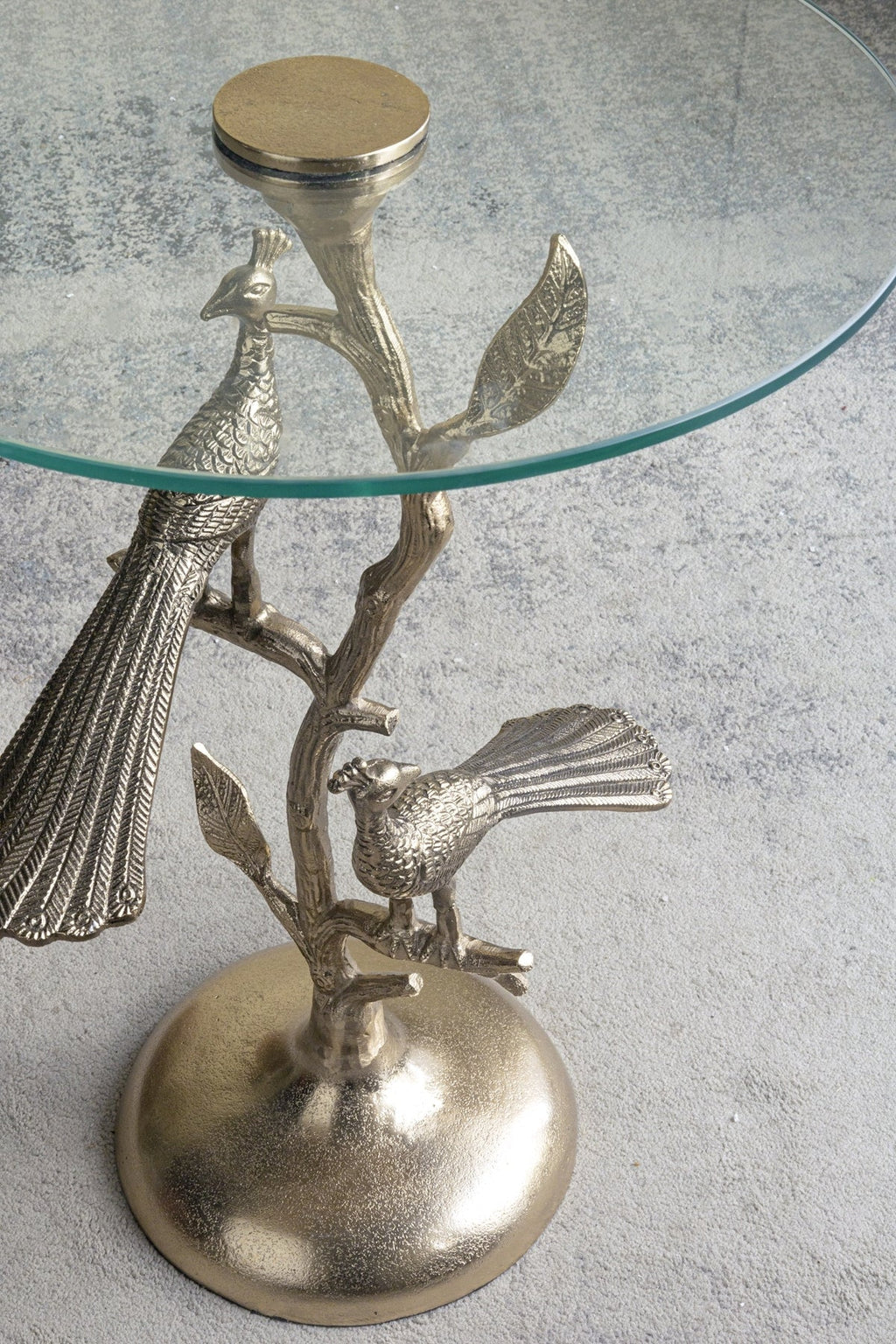 Gold Peacock Side Table with Round Glass Top