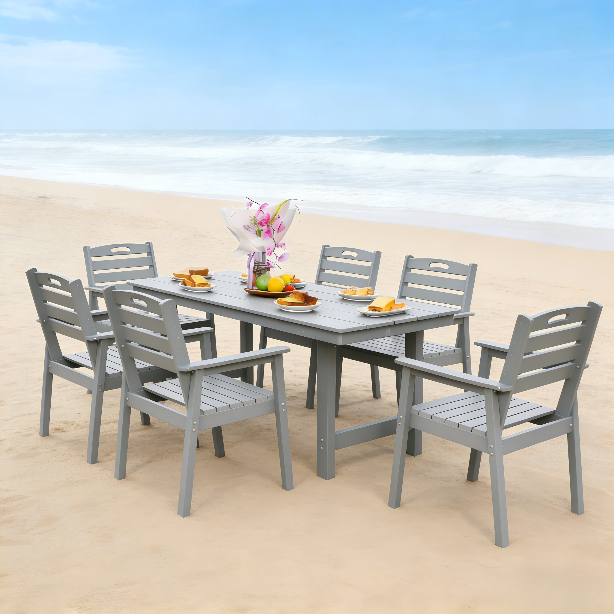 HDPE Outdoor Patio Dining Set - Table and Six Chairs