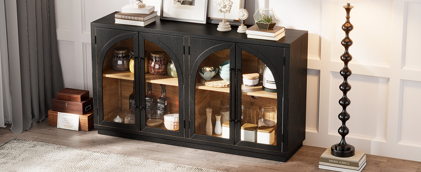 4-Door Large Storage Sideboard Buffet Cabinet with Glass Doors Arched Cabinet (Black)