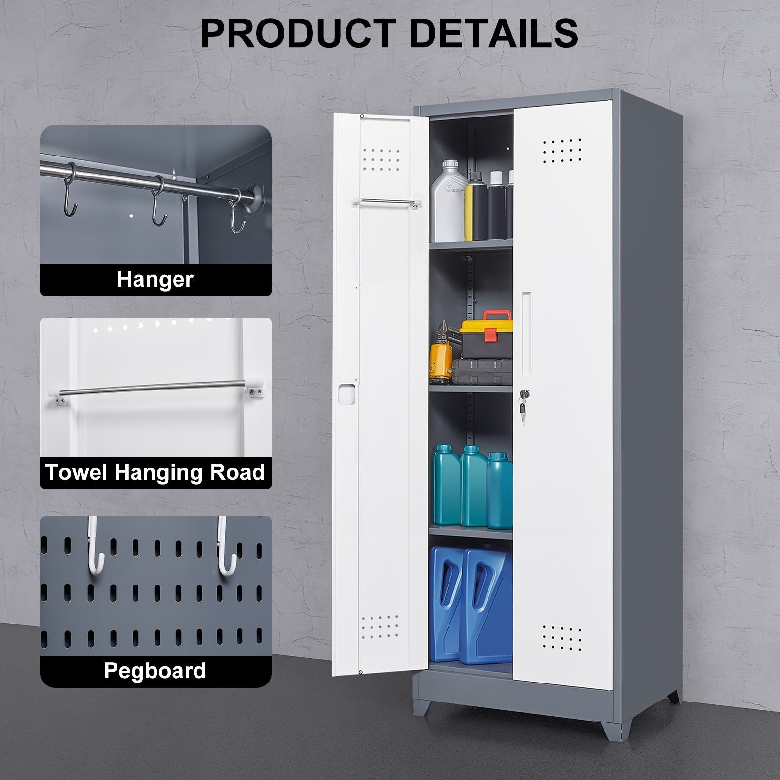 Lockers With Locking Doors, Adjustable Shelves, High Broom Tool Storage Cabinet