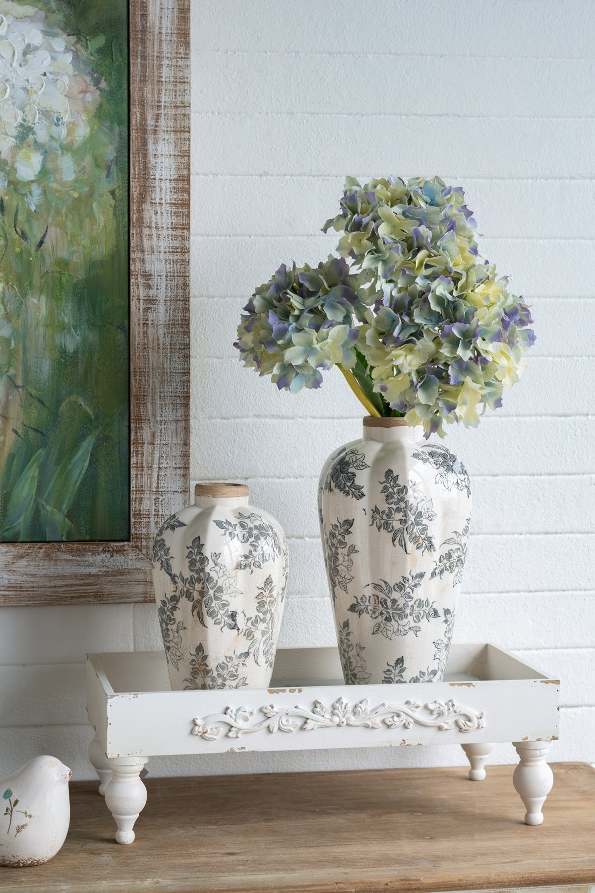 8.1x8.1x13.6' White Ceramic Accent Vase with Gray Floral Design