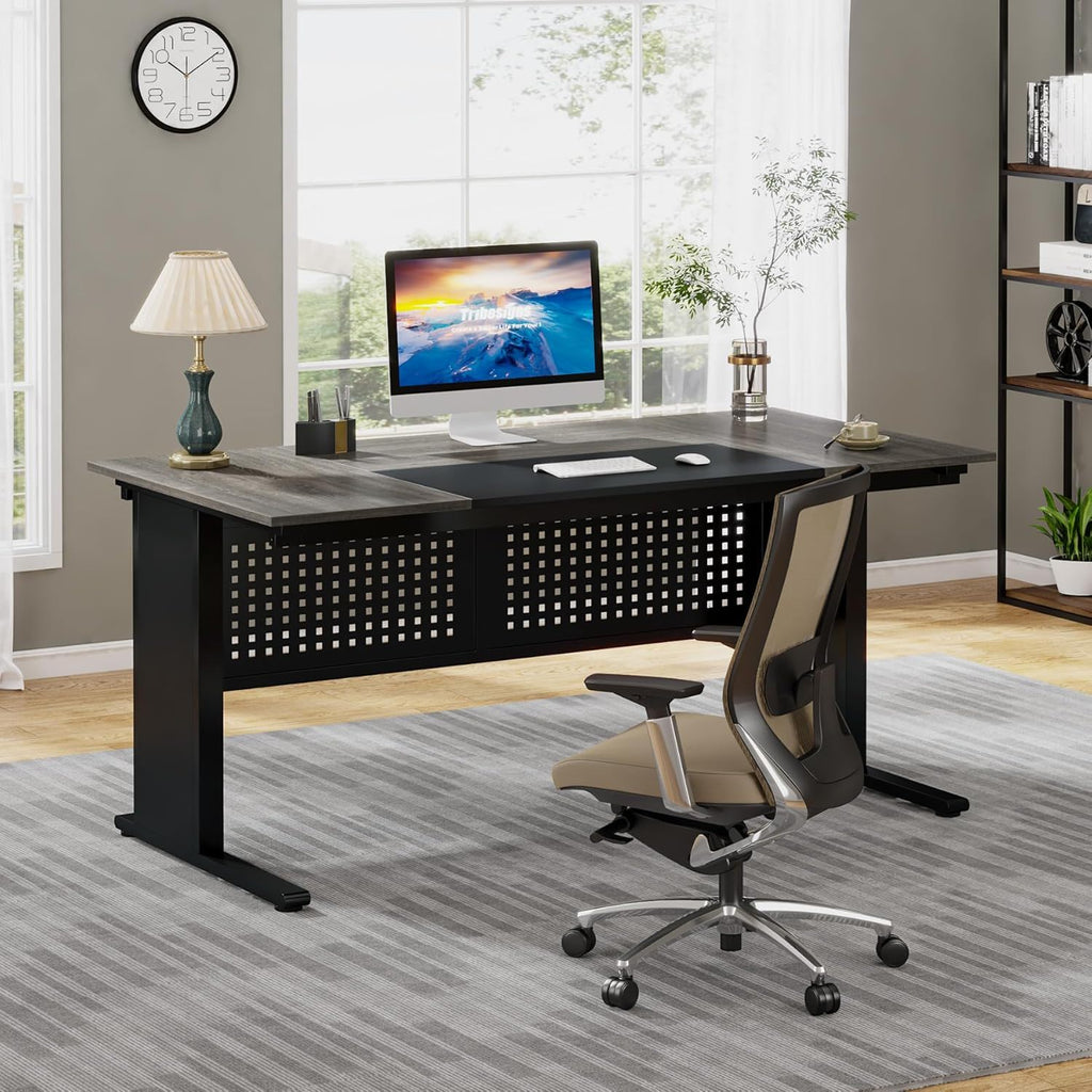 L-Shaped Executive Desk With File Cabinet, Office Workstation With Drawers, Shelves & Storage