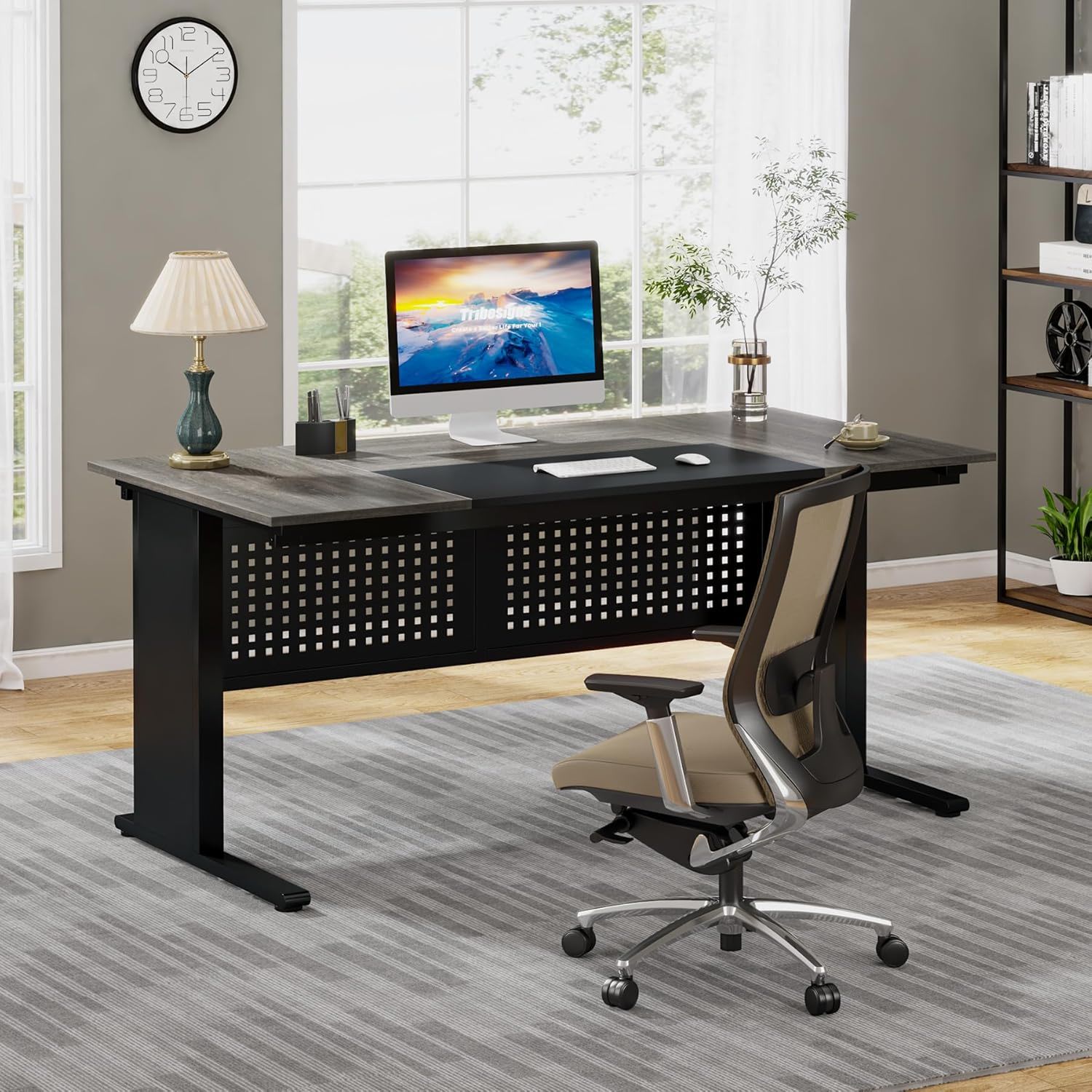 L-Shaped Executive Desk With File Cabinet, Office Workstation With Drawers, Shelves & Storage