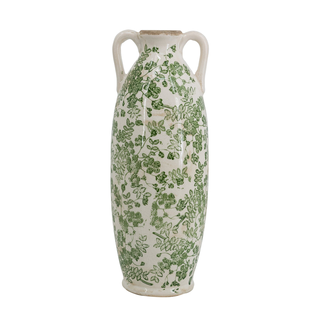 5.9x5.9x15.6' White Ceramic Flower Vase with Green Floral Pattern and Small Handles