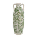 5.9x5.9x15.6' White Ceramic Flower Vase with Green Floral Pattern and Small Handles