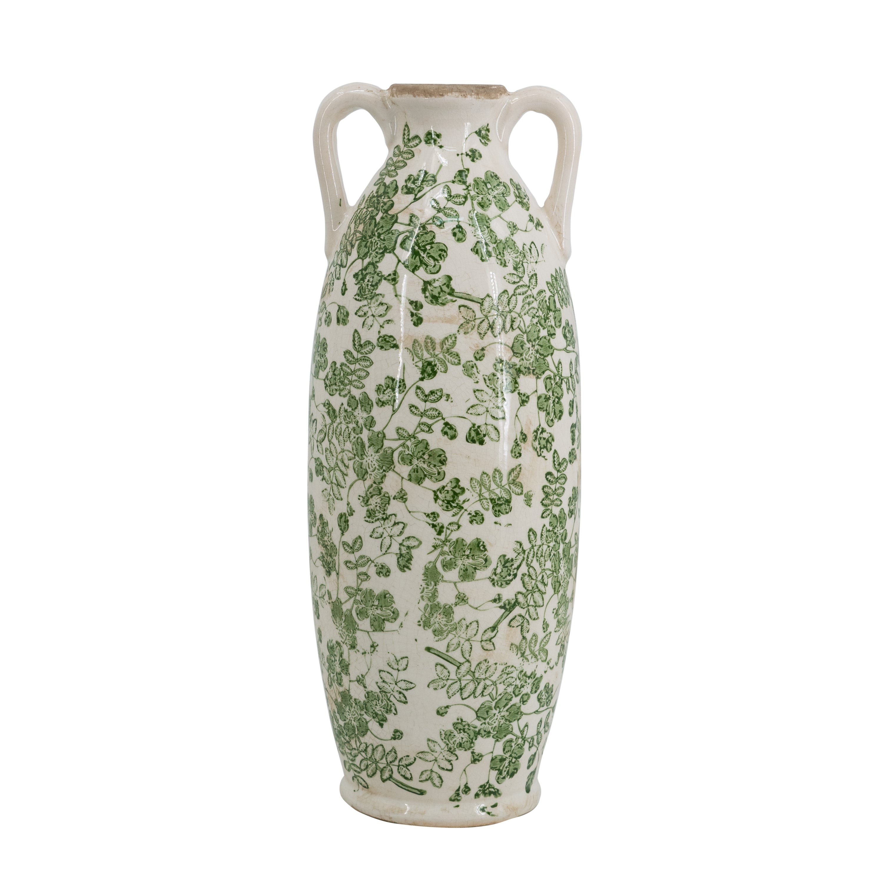 5.9x5.9x15.6' White Ceramic Flower Vase with Green Floral Pattern and Small Handles