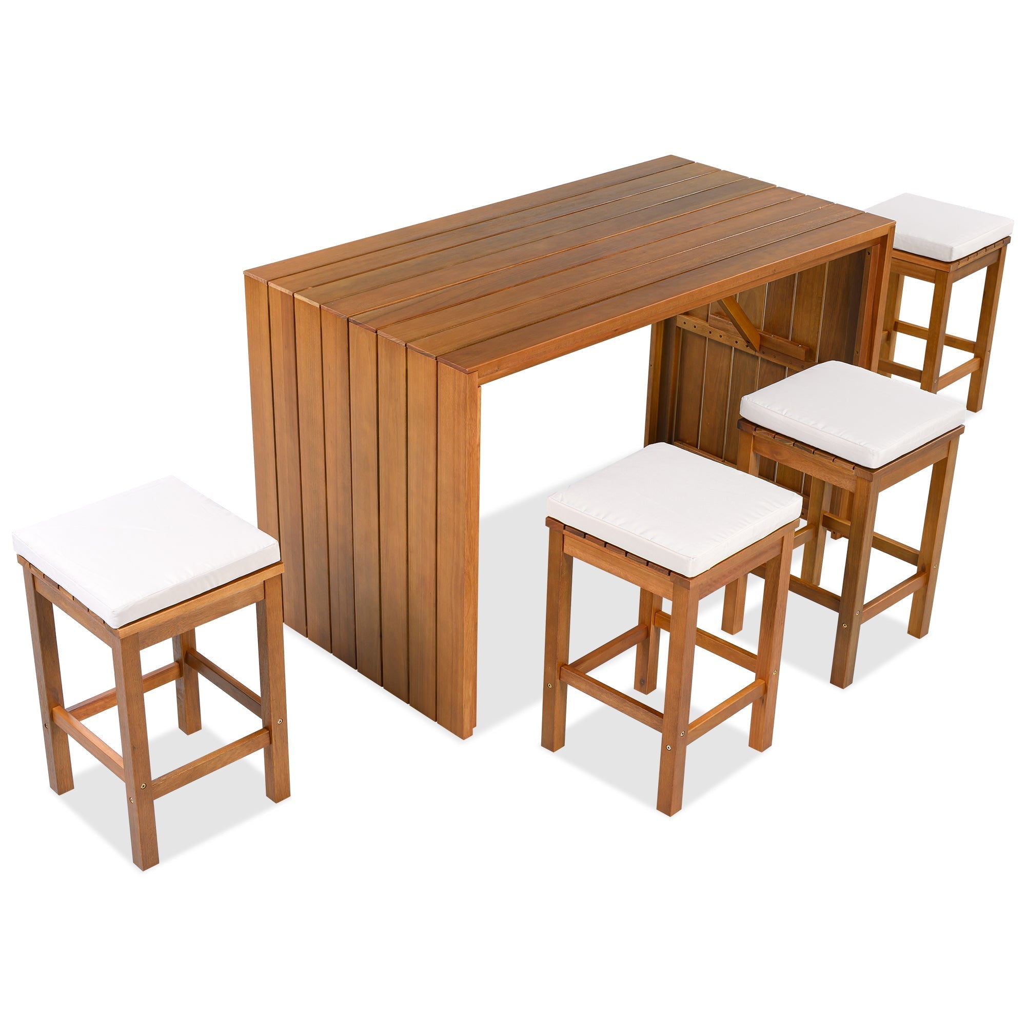 5 Piece Outdoor Bar Set with Acacia Wood Table & Cushioned Stools