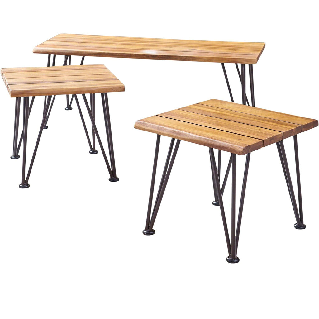 Zion Outdoor Industrial Iron Coffee Table and 2 Side Tables - Teak