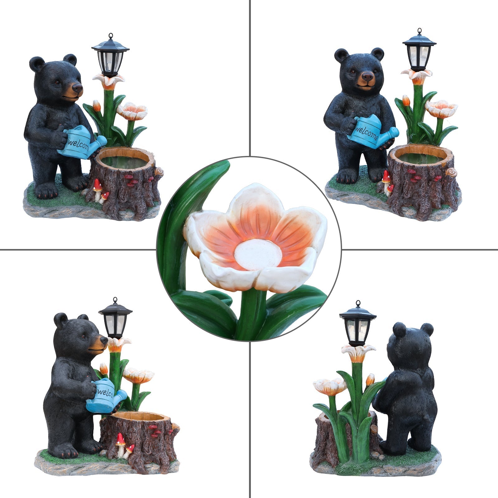 Standing Black Bear Garden Planter with Decorative Solar Lantern