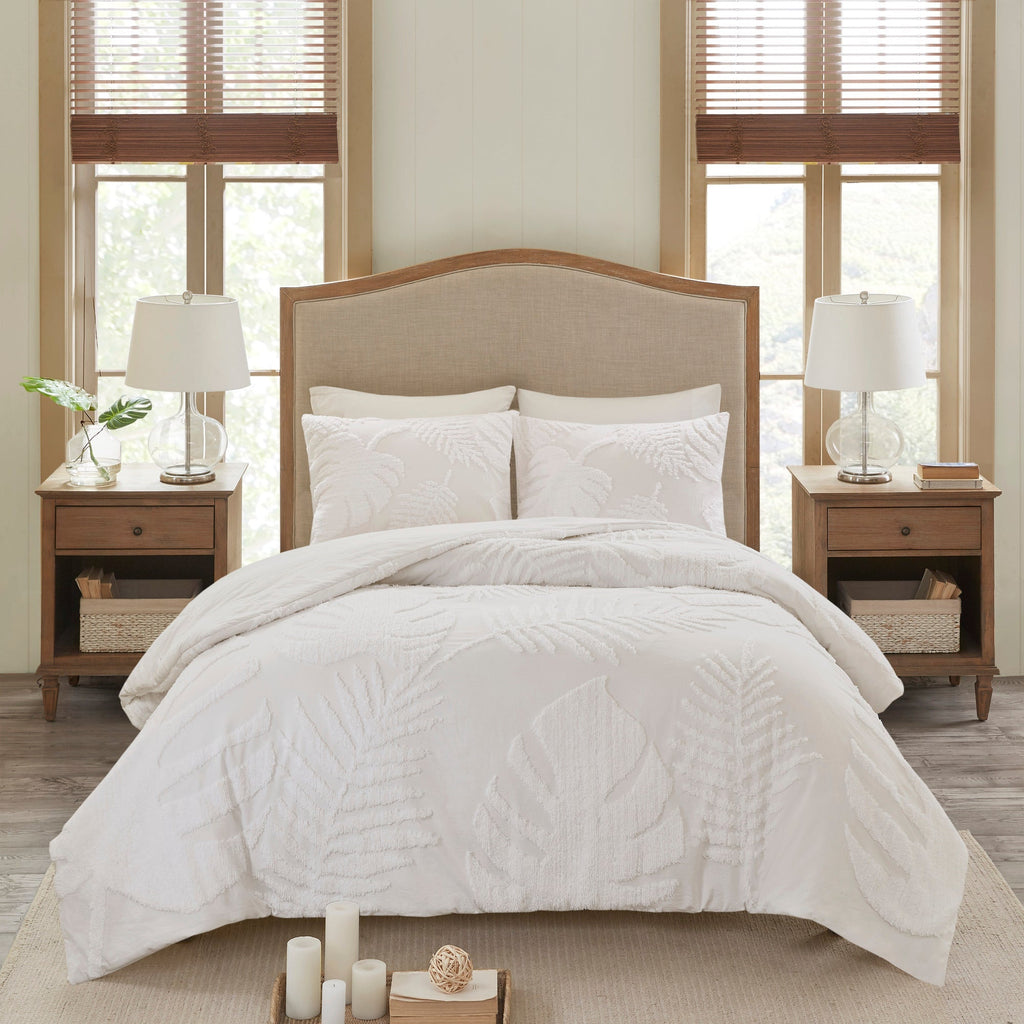 3 Piece Tufted Cotton Chenille Palm Comforter Set Off-White King/Cal King