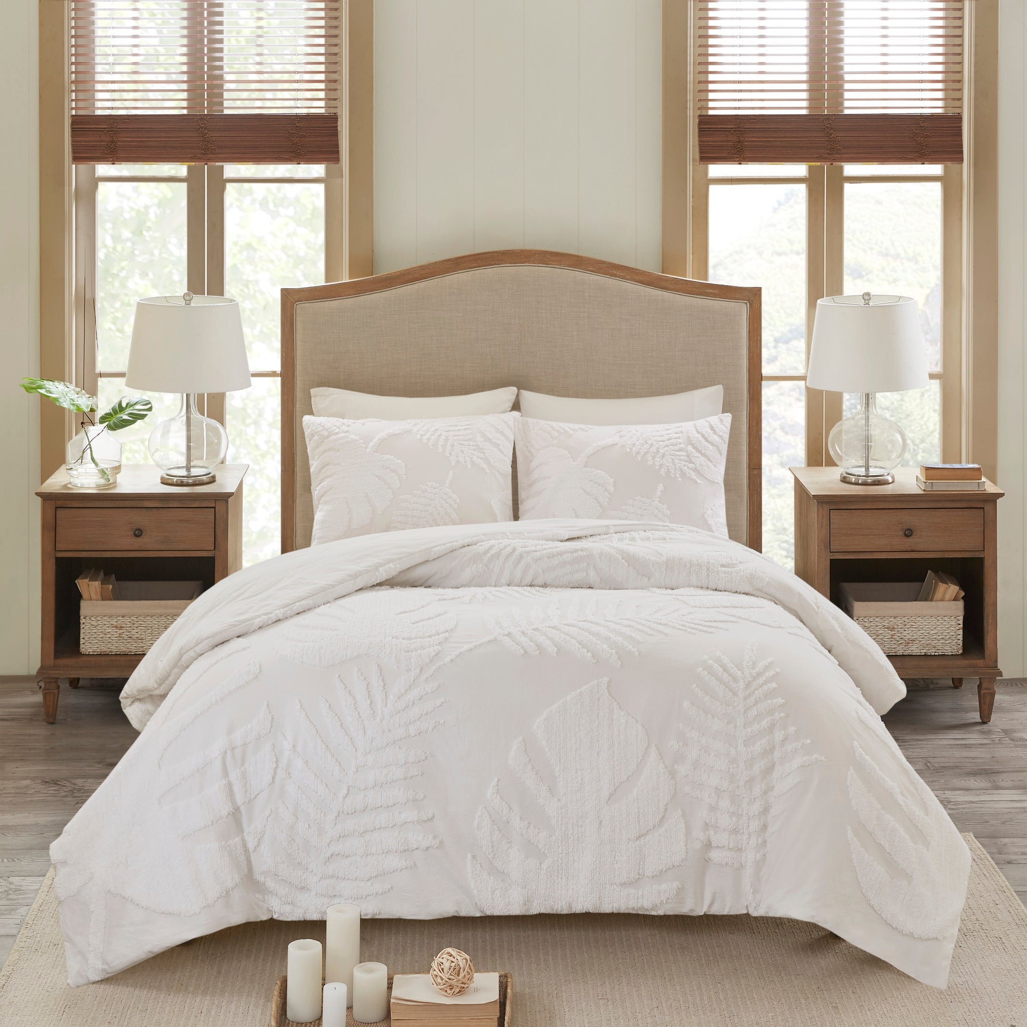 3 Piece Tufted Cotton Chenille Palm Comforter Set Off-White King/Cal King