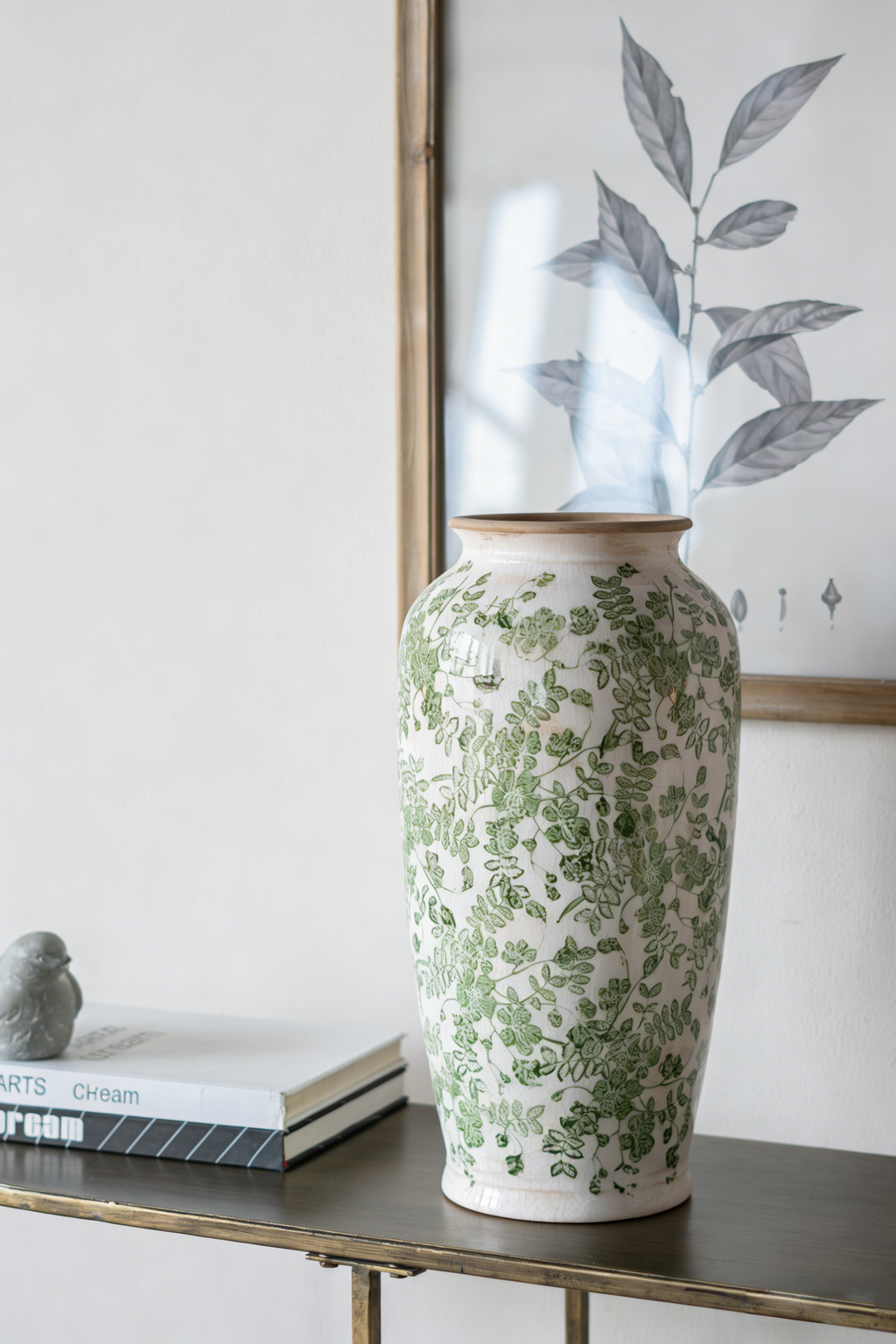 7.7x7.7x14.6' White Ceramic Flower Vase with Green Floral Pattern