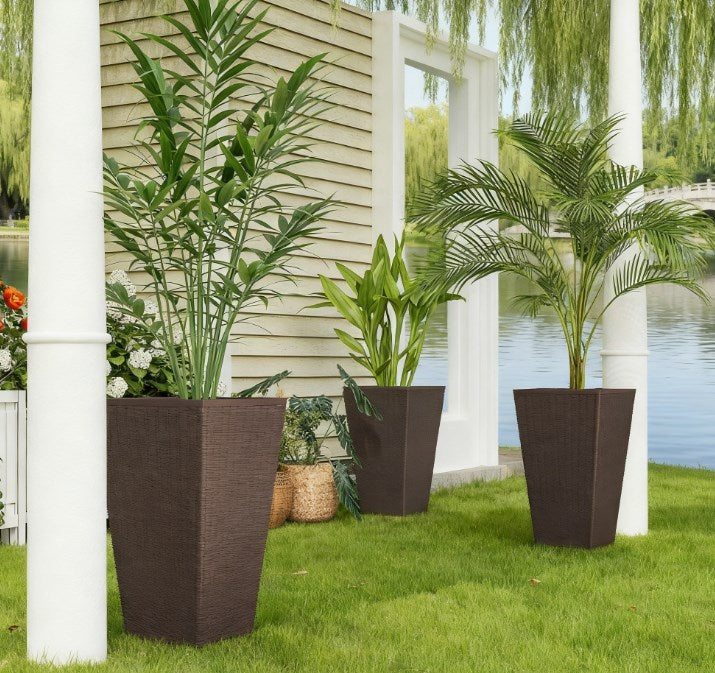 Outdoor Flower Plant Pots, Set of 3 Tall Planters with Drainage Hole