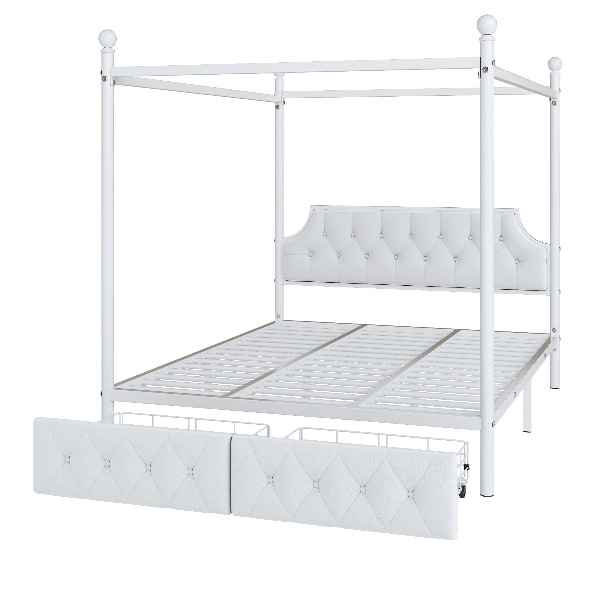 Queen Size Canopy Platform Bed With Upholstered Headboard And 2 Storage Drawers - White