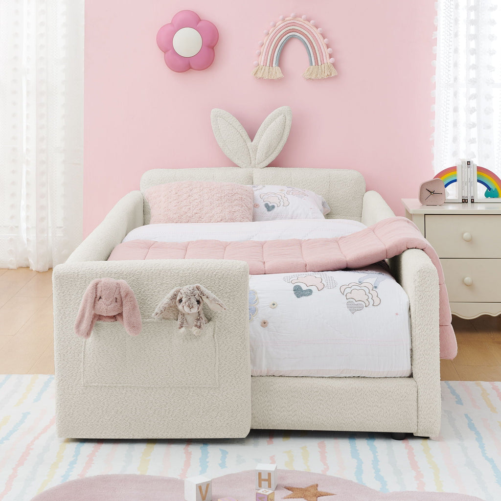Cute Rabbit Ear Upholstered Platform Bed Frame With Safety Rail