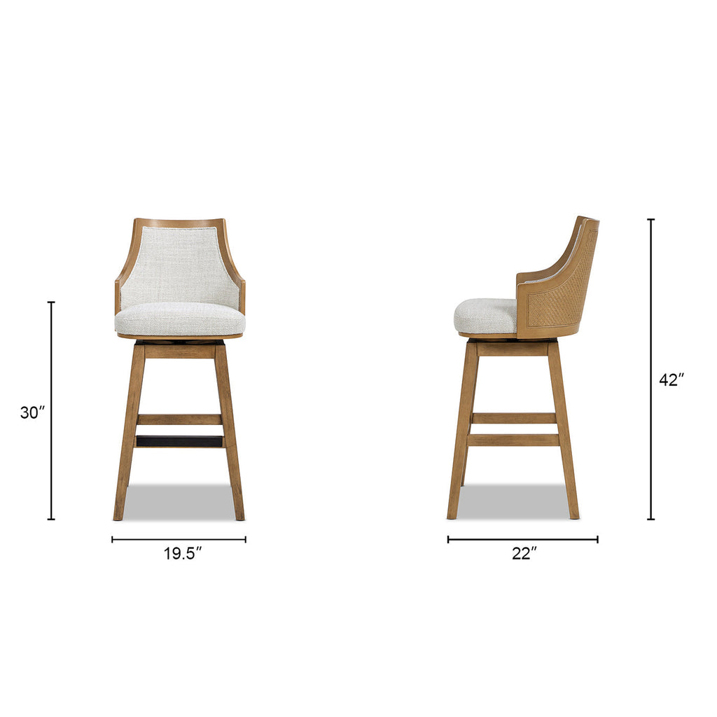 Bahama 30' Cane Rattan High-Back Swivel Bar Stool with Recessed Arms, Two-Tone Neutral Gray Polyester Wool Blend