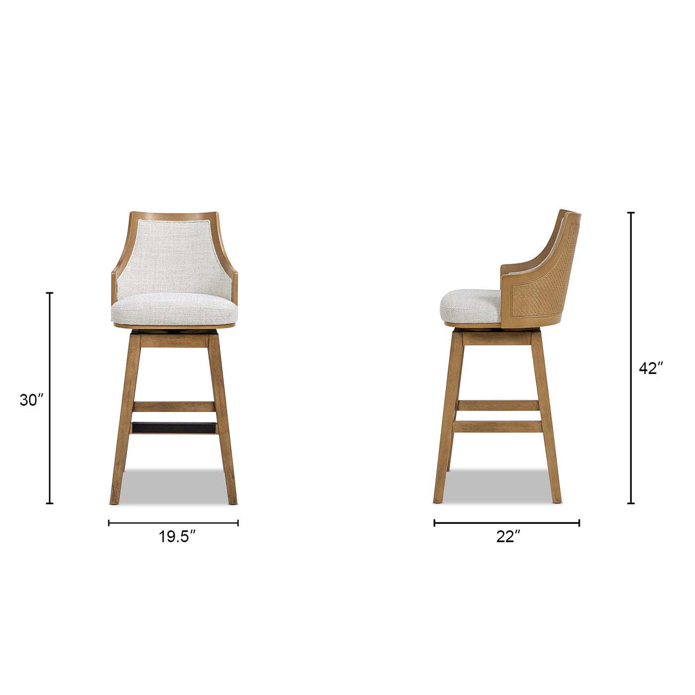Bahama 30' Cane Rattan High-Back Swivel Bar Stool with Recessed Arms, Two-Tone Neutral Gray Polyester Wool Blend