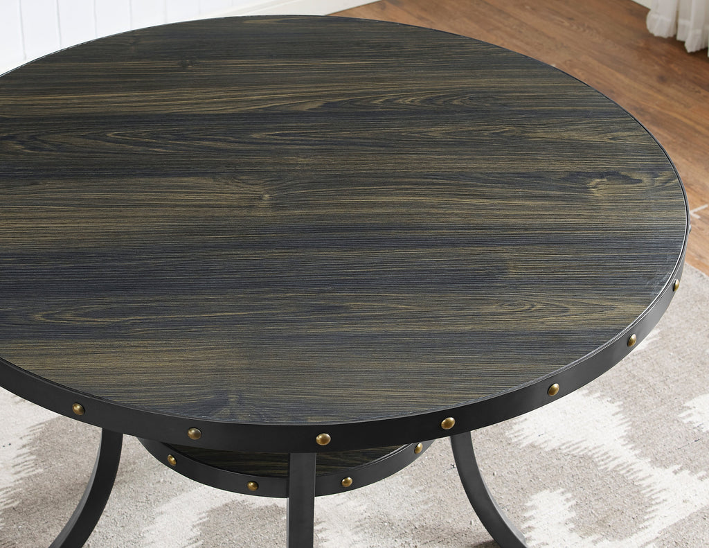 Biony Espresso Wood Dining Set with Gray Fabric Nailhead Chairs