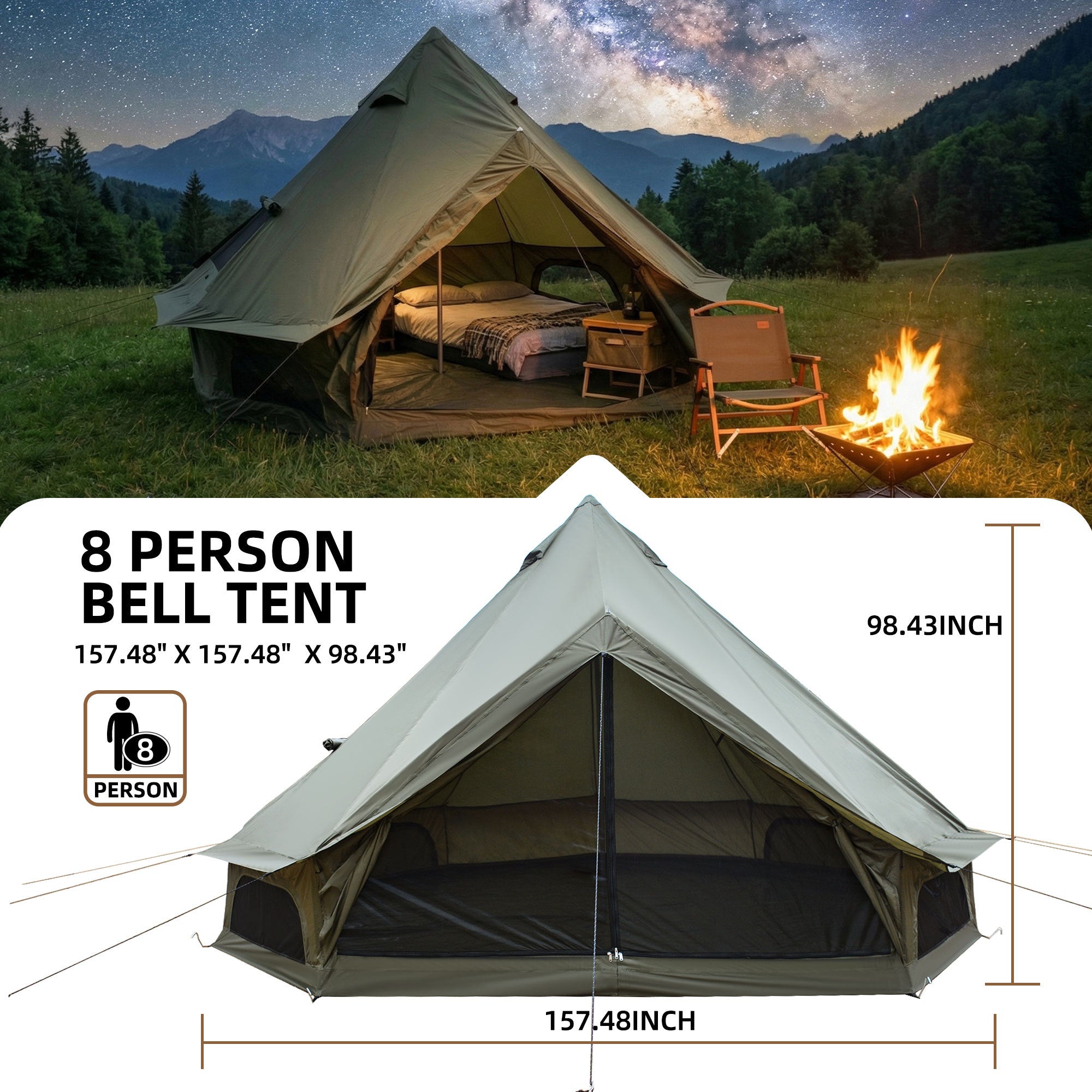 4 Season Bell Tent 13.1FT, Green Waterproof Glamping Yurt Tent