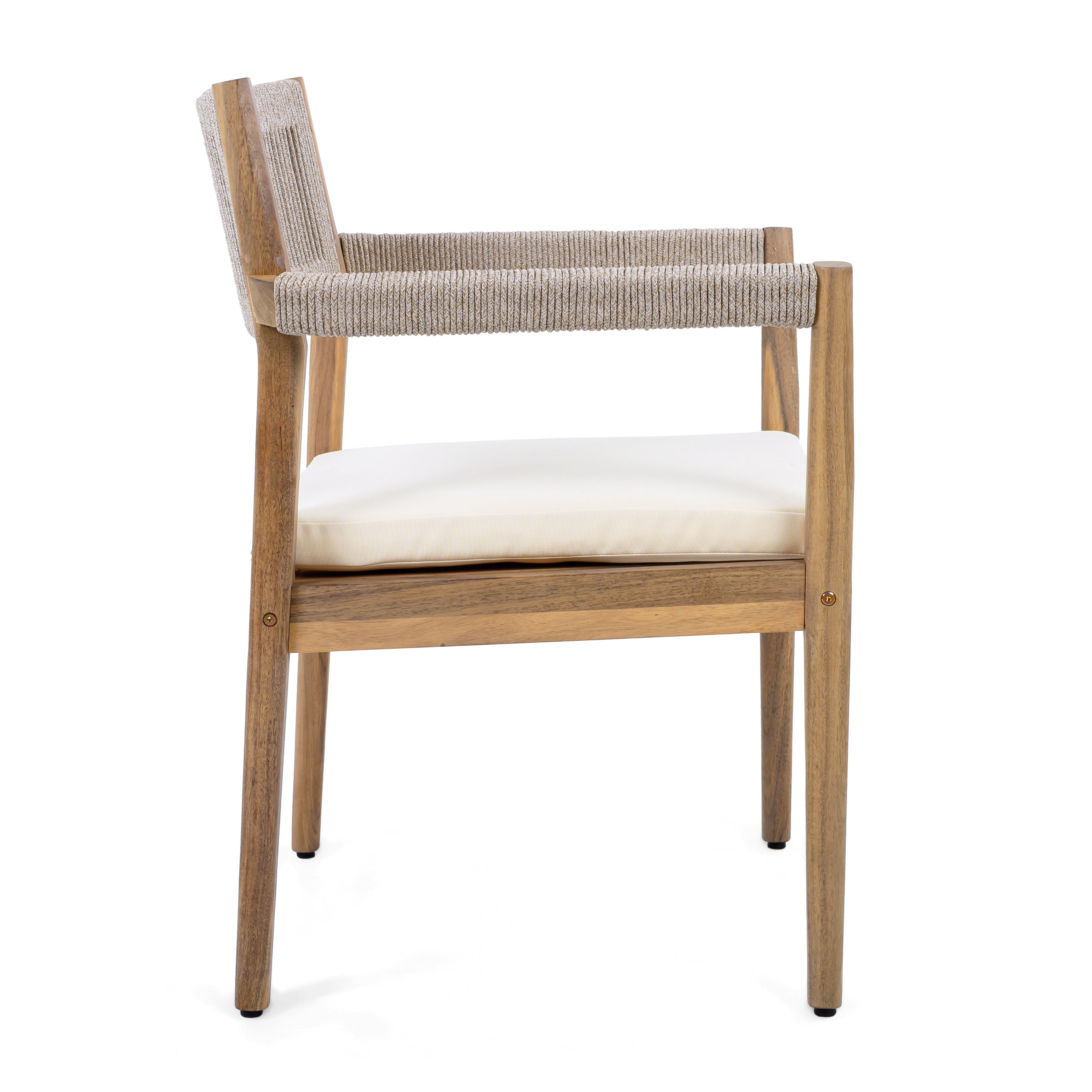 Braided Acacia Wood Outdoor Dining Chairs Set of 2 – Teak Look with Beige Rope & Cream Cushions
