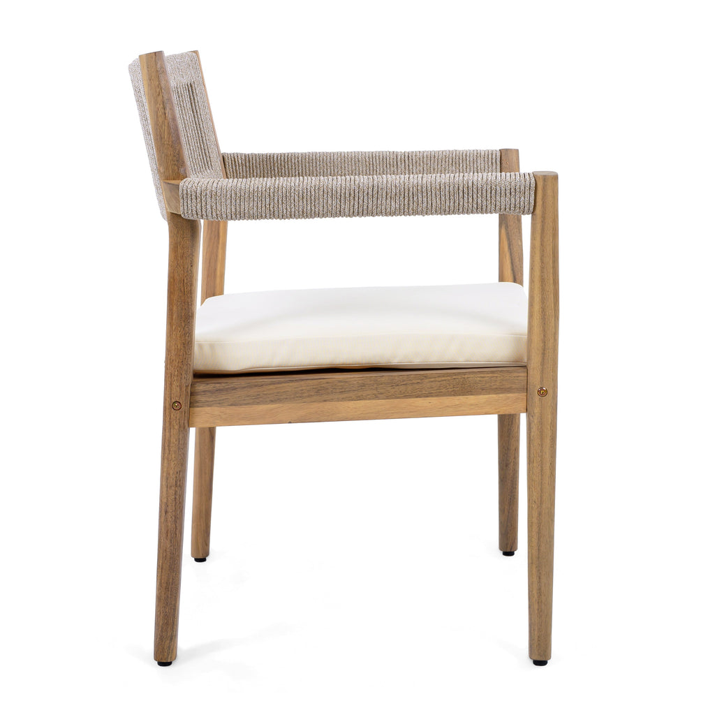 Braided Acacia Wood Outdoor Dining Chairs Set of 4 – Teak Look with Beige Rope & Cream Cushions