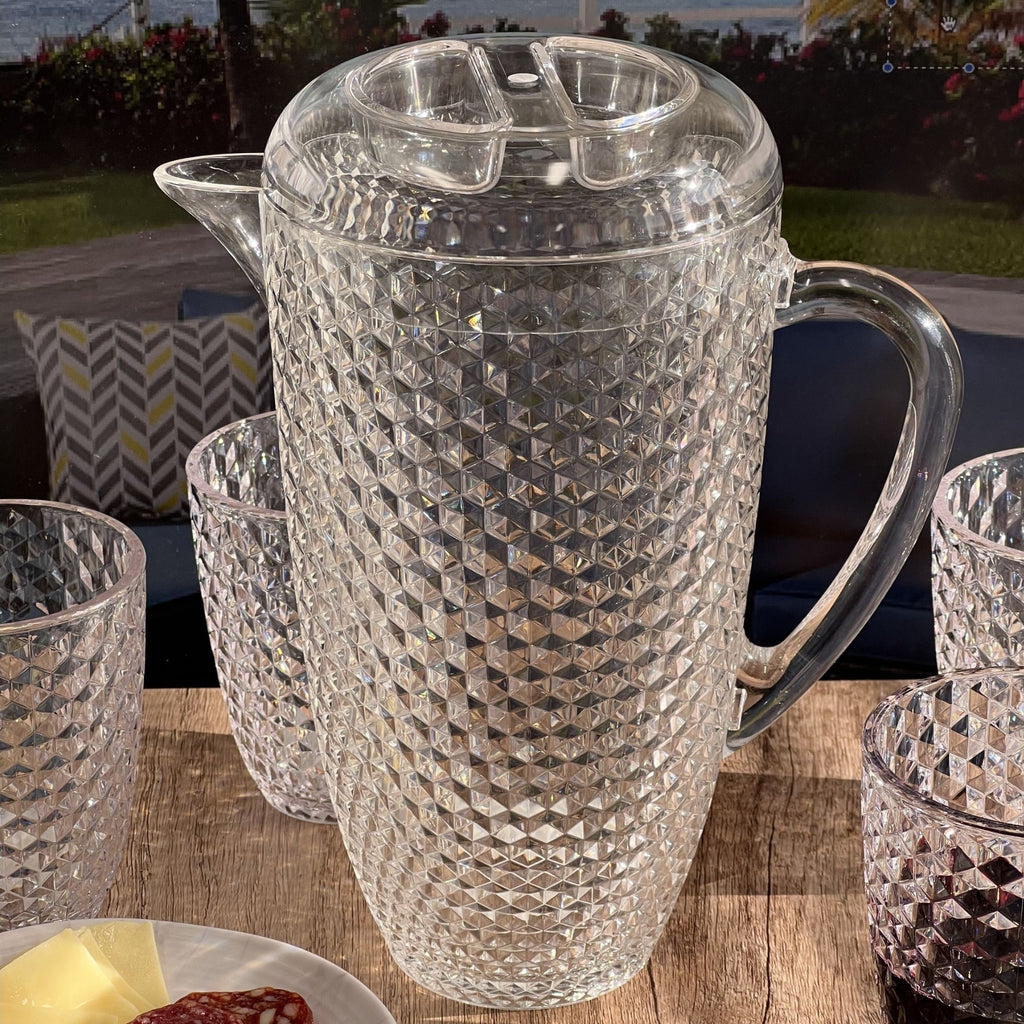 Diamond Cut Unbreakable Plastic Water Pitcher with Lid, 2.5 Quarts, Clear Acrylic, Easy-Pour Spout