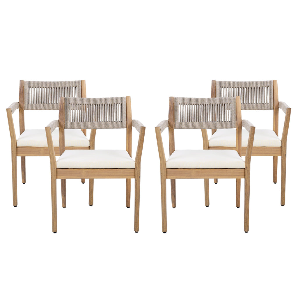 Braided Acacia Wood Outdoor Dining Chairs Set of 2 – Teak Look with Beige Rope & Cream Cushions