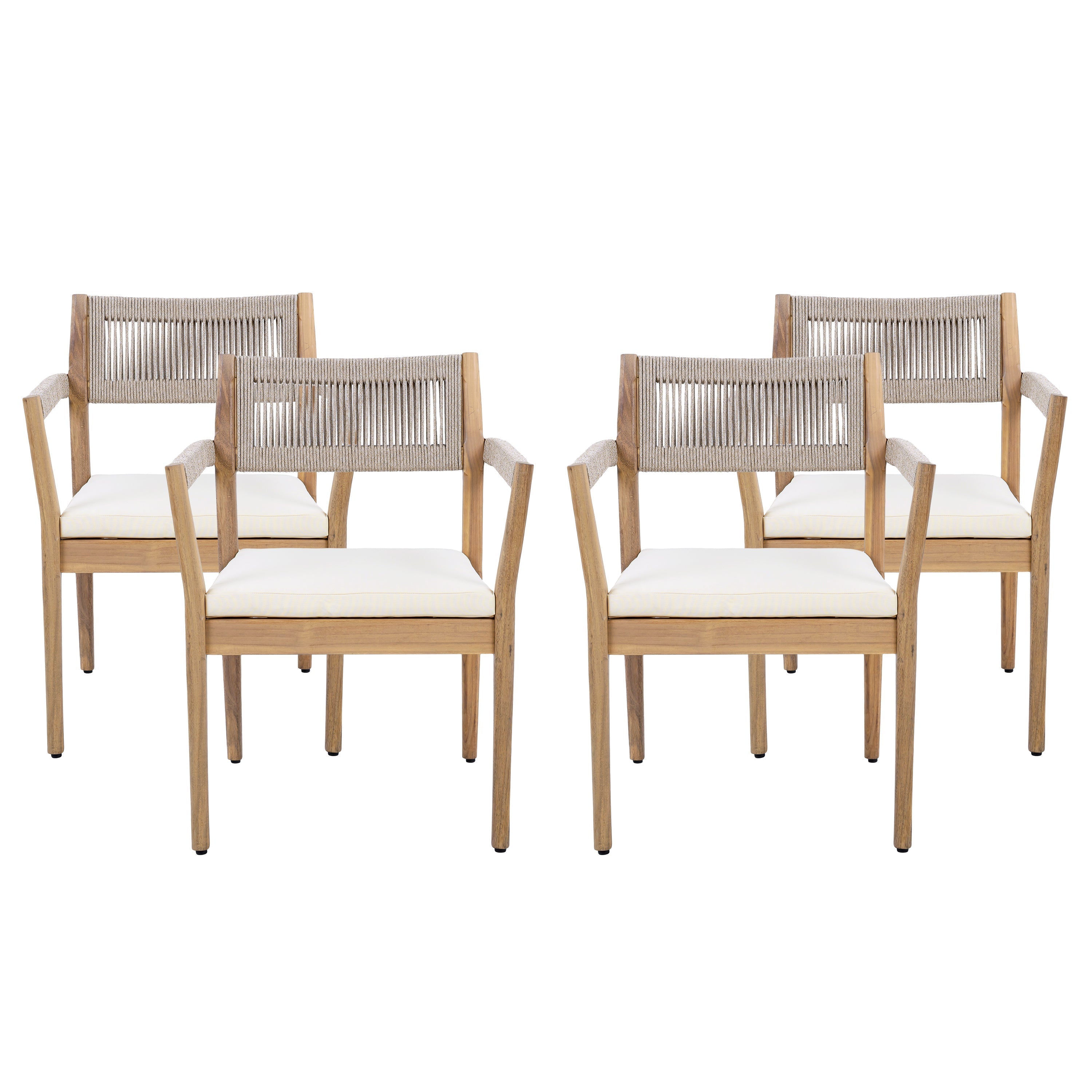 Braided Acacia Wood Outdoor Dining Chairs Set of 2 – Teak Look with Beige Rope & Cream Cushions