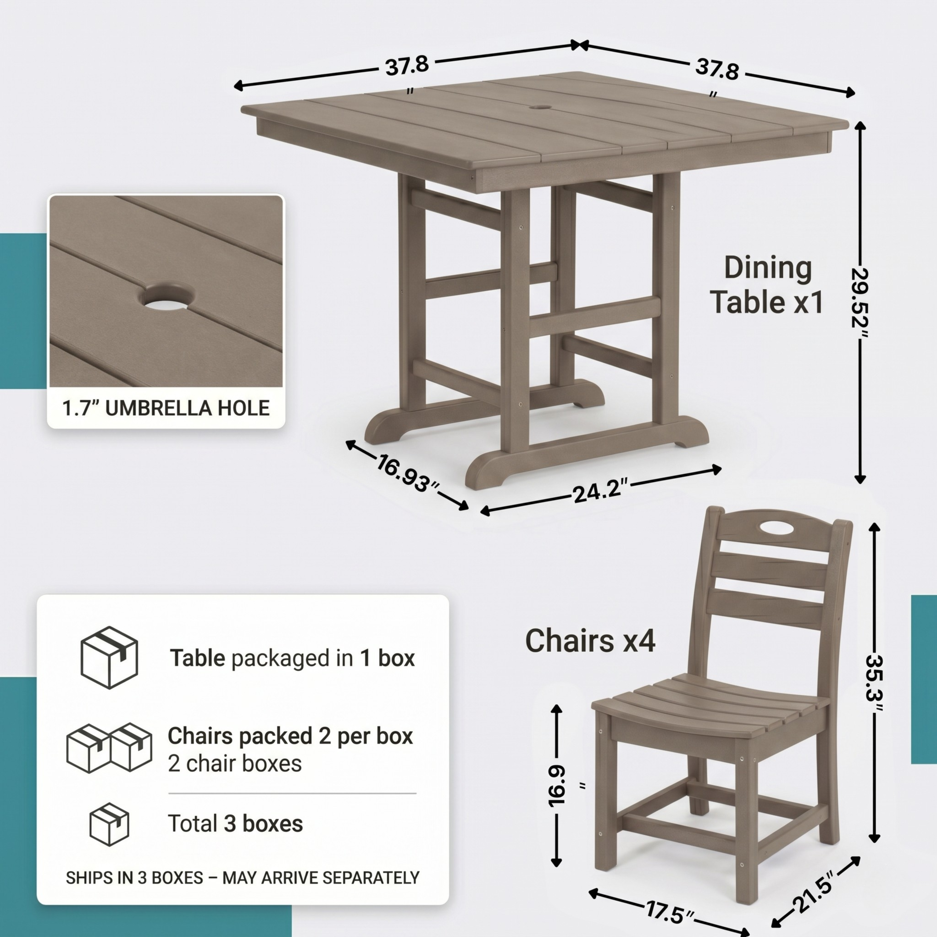 Antique Wood Color HDPE 5-Piece Outdoor Patio Dining Set with Square Table and 4 Armless Chairs, Umbrella Hole