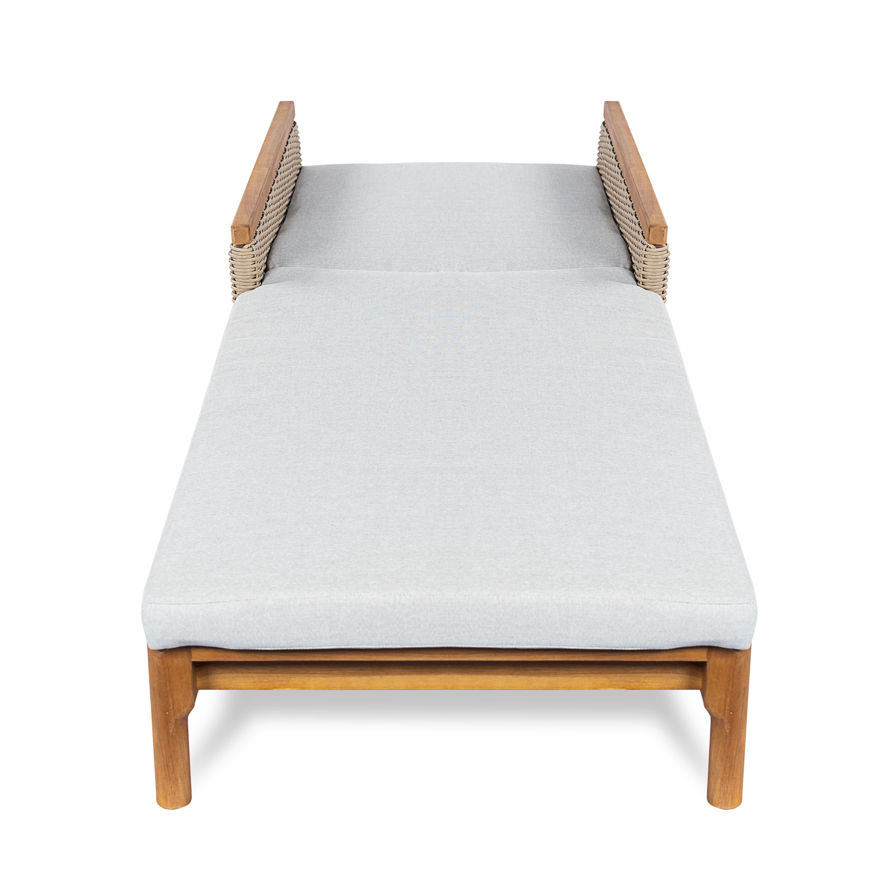 Solid Acacia Wood Sun Lounger with Grey Cushions and Light Grey Wicker