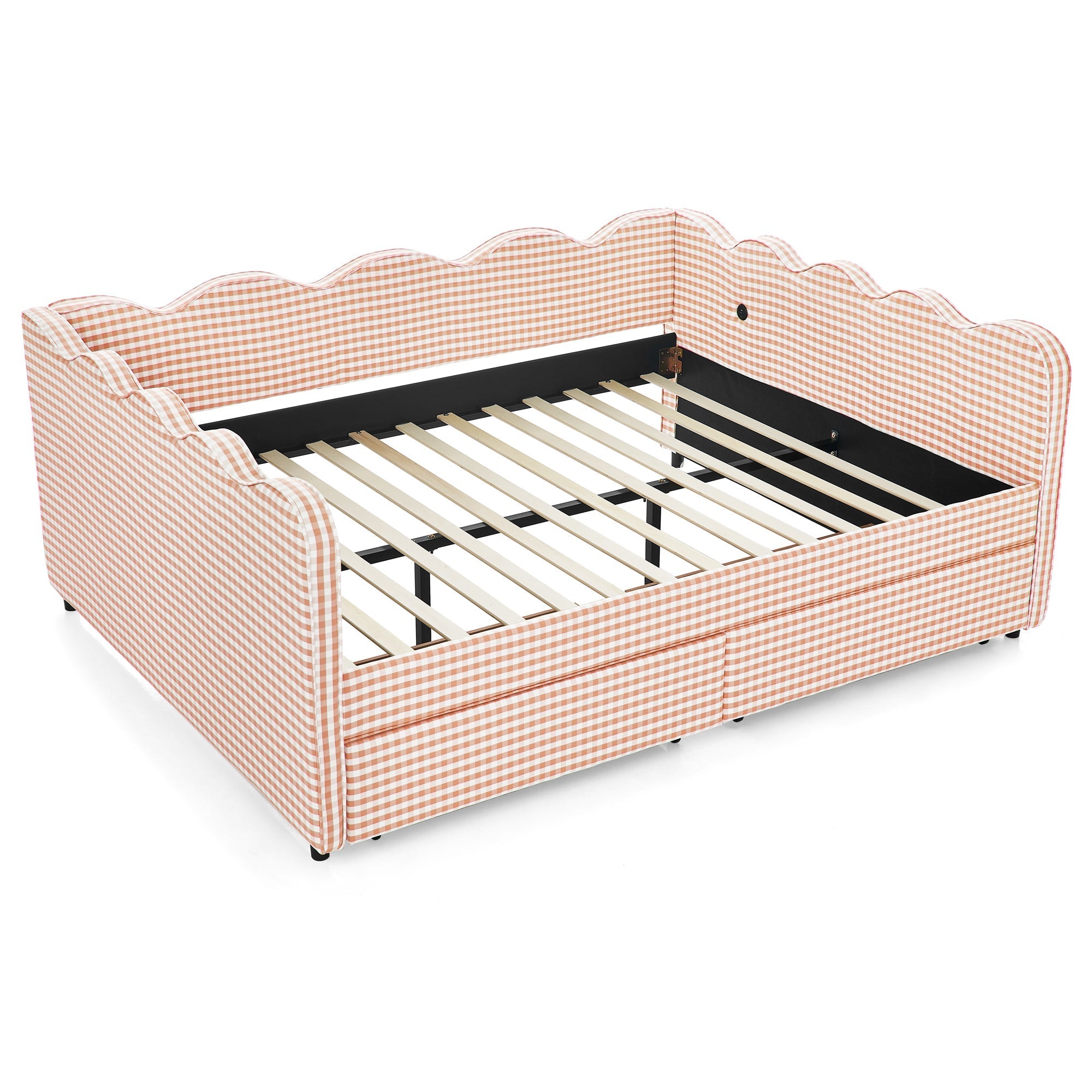 Queen Size Cozy Gingham Daybed with Two Storage Drawers and USB Port
