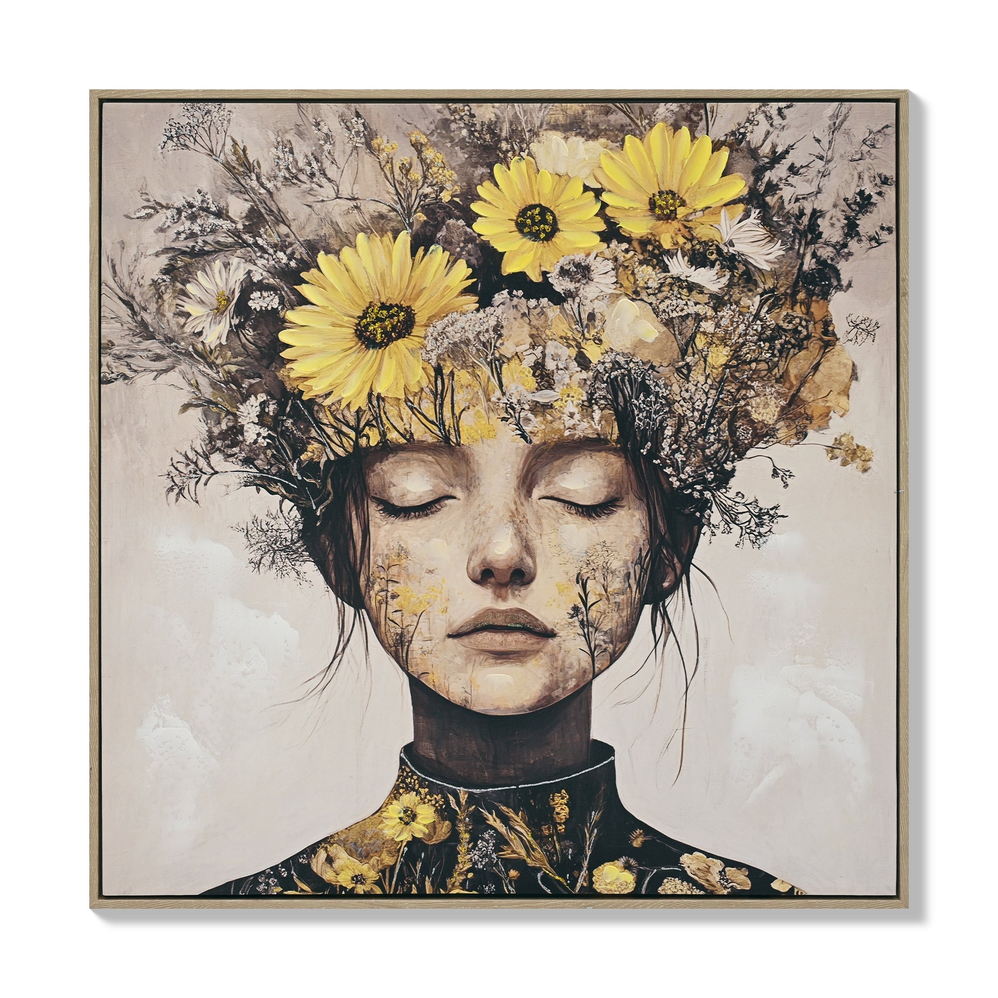Beauty Lady Wall Art Gold and White Floral Canvas Artwork 24x24 Inch