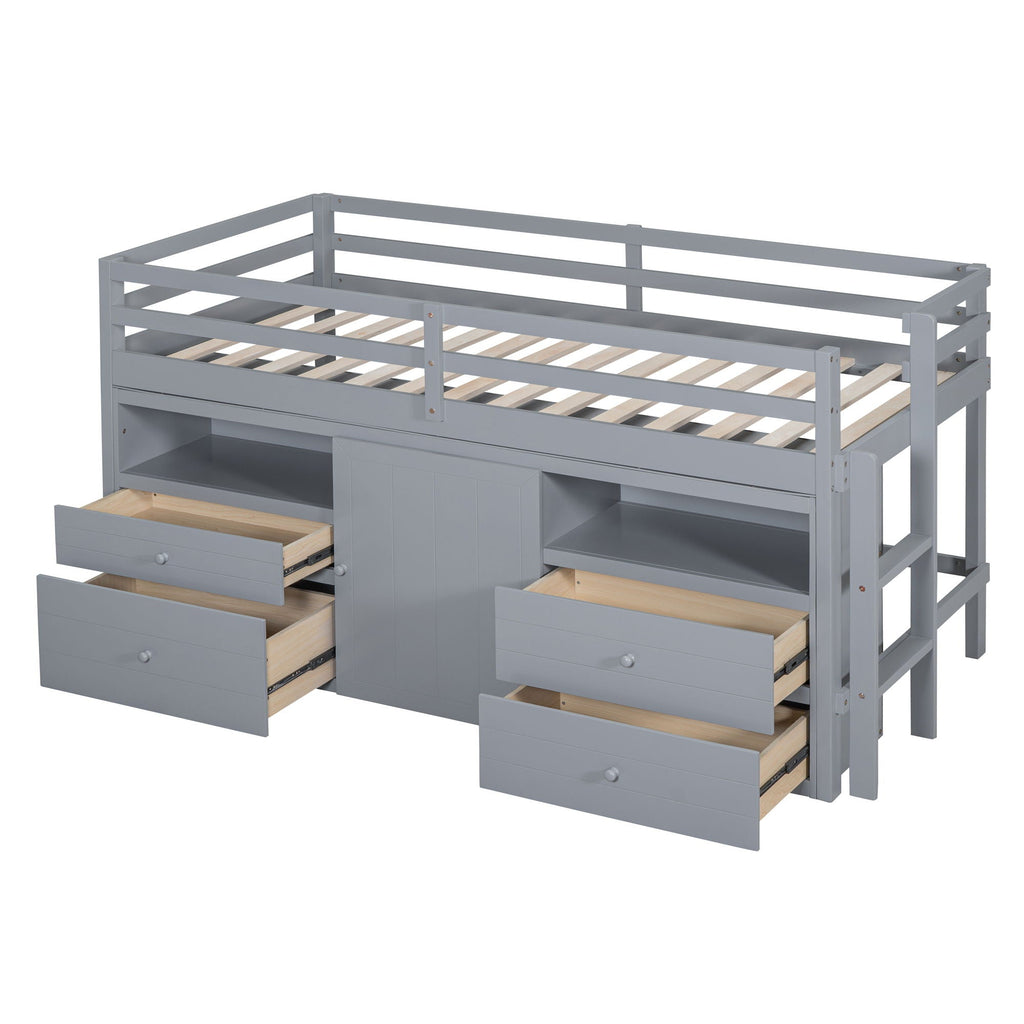 Loft Bed With 4 Drawers, Underneath Cabinet And Shelves