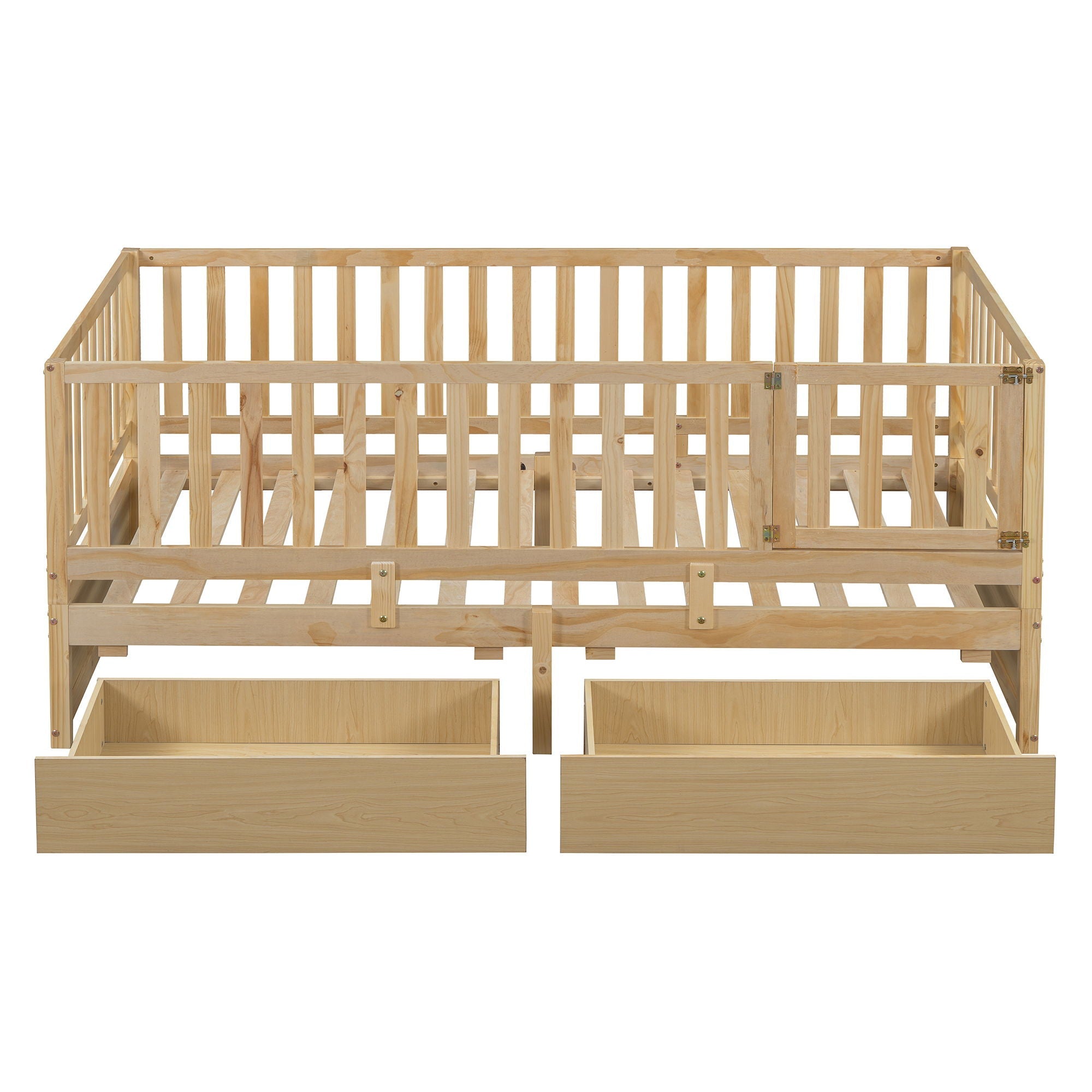 Daybed With Fence Guardrails And 2 Drawers, Split Into Independent Floor Bed & Daybed
