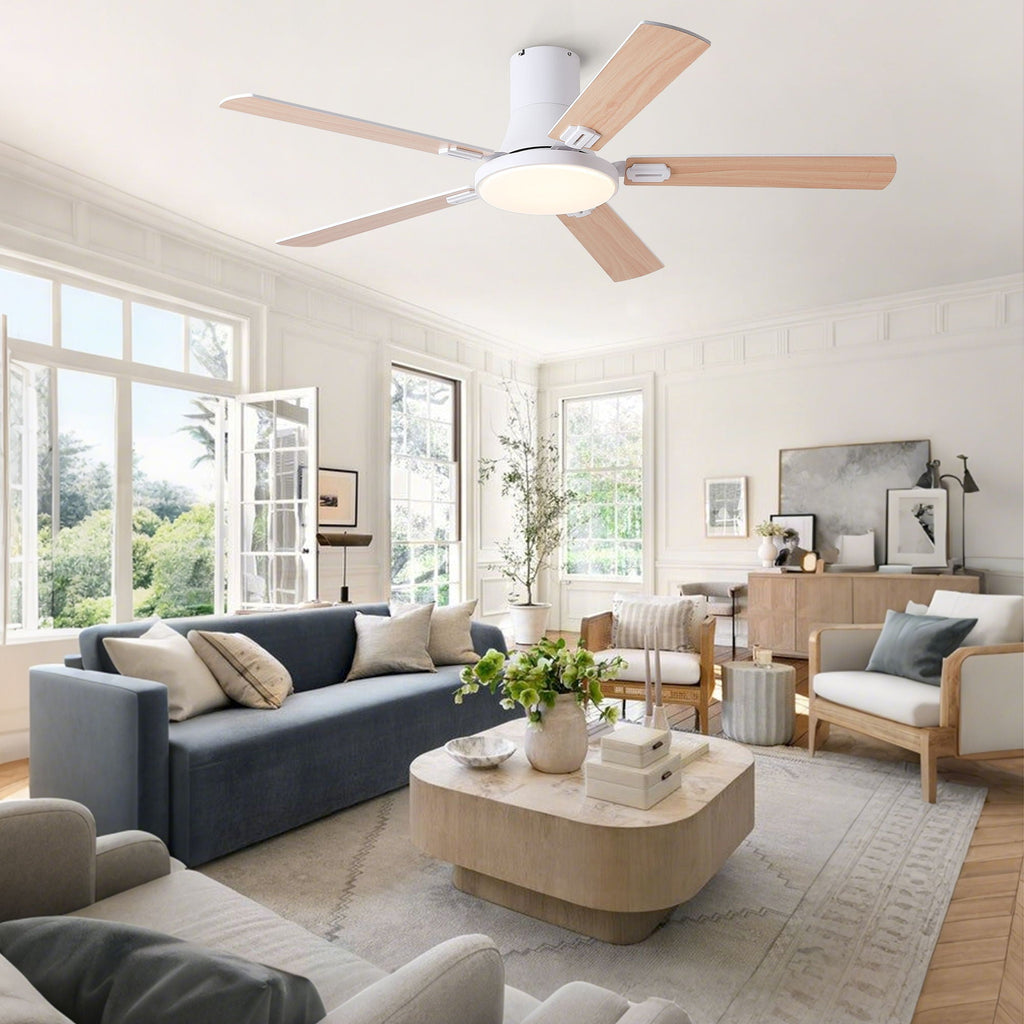 Flush Mount Ceiling Fans With LED Light And Remote Control, 5 Blades