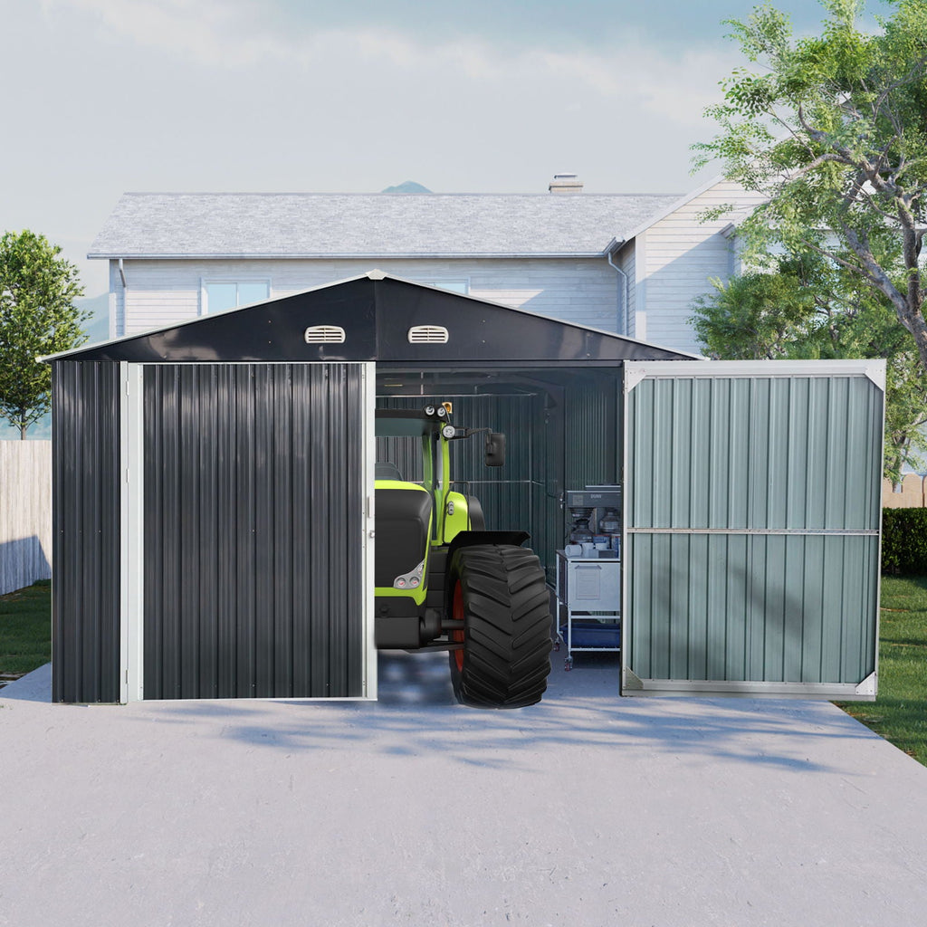 Outdoor Storage Shed Metal Garage Shed For Car, Bike, Lawnmower Backyard Tool House Building 2 Doors And 4 Vents - Black
