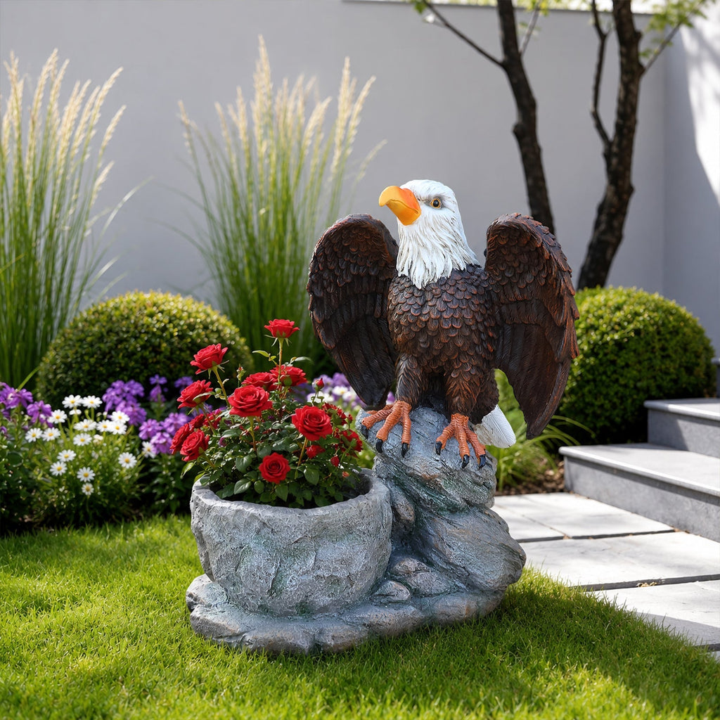 Standing Eagle Statue Garden Planter on Faux Stone Base