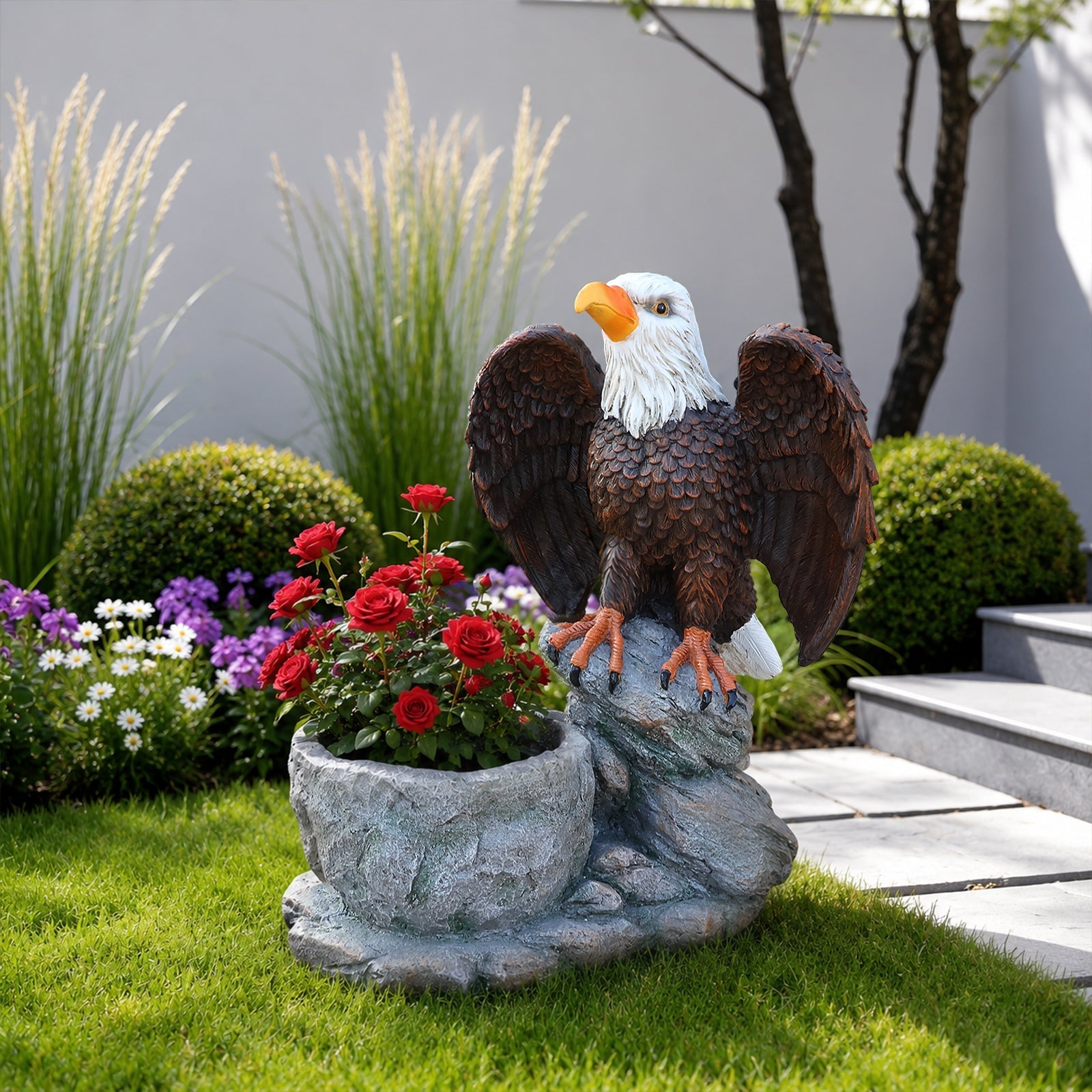 Standing Eagle Statue Garden Planter on Faux Stone Base