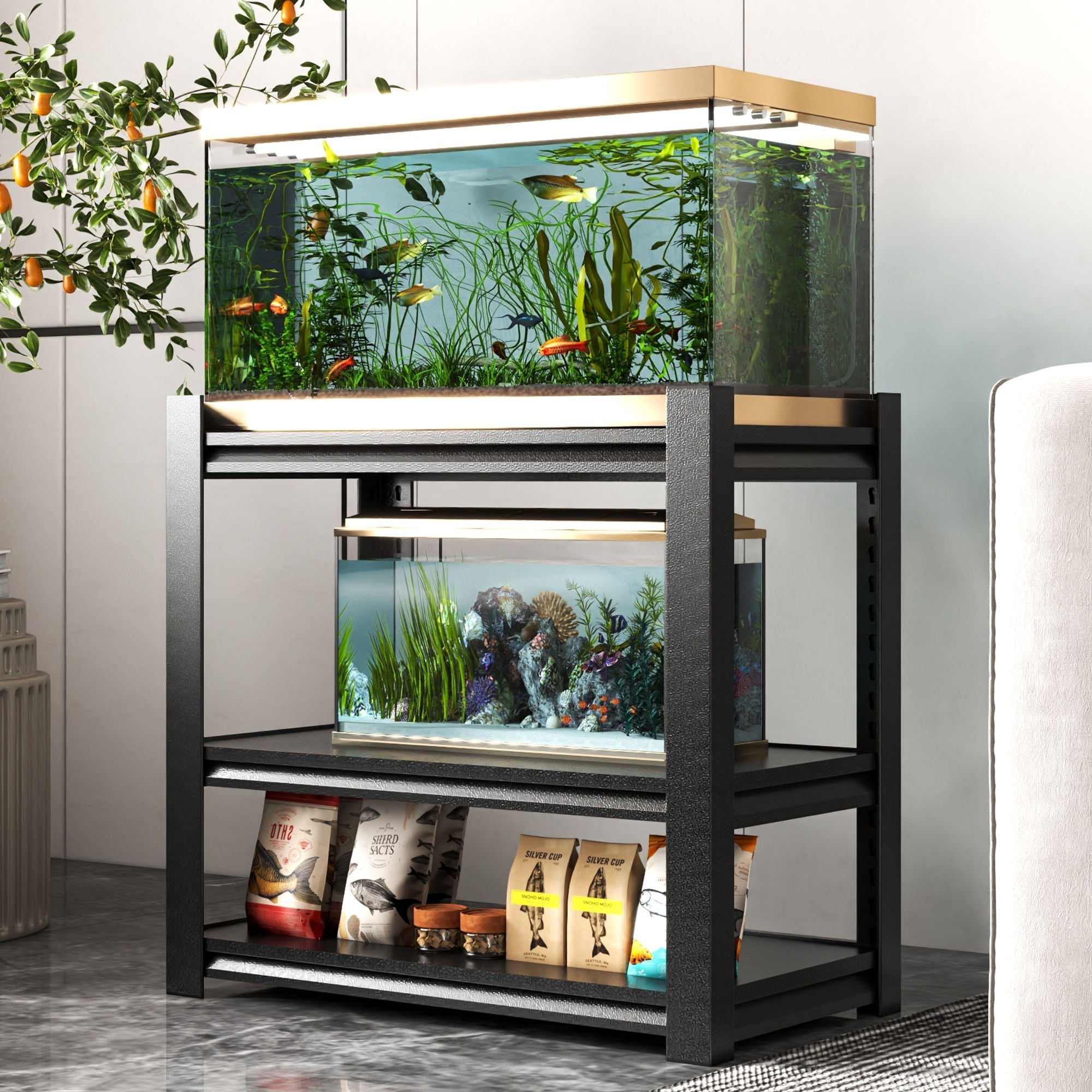 Stylish Metal rium Stand For 20 - 30 Gallon Tanks, 3 Tier Adjustable Shelf