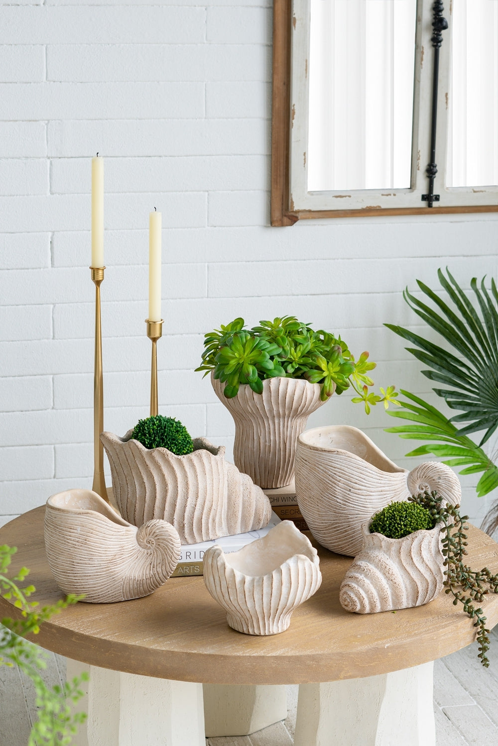 11.5x6.7x7.7" Sand and Cement Nautilus Shell Planter with Textured Beige Finish