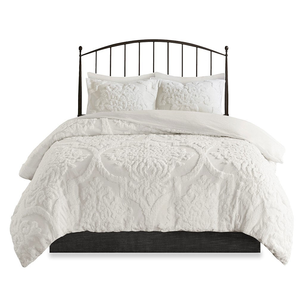 Full/Queen Tufted Cotton Chenille Damask Duvet Cover Set