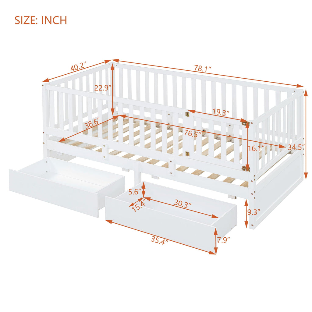 Daybed With Fence Guardrails And 2 Drawers, Split Into Independent Floor Bed & Daybed