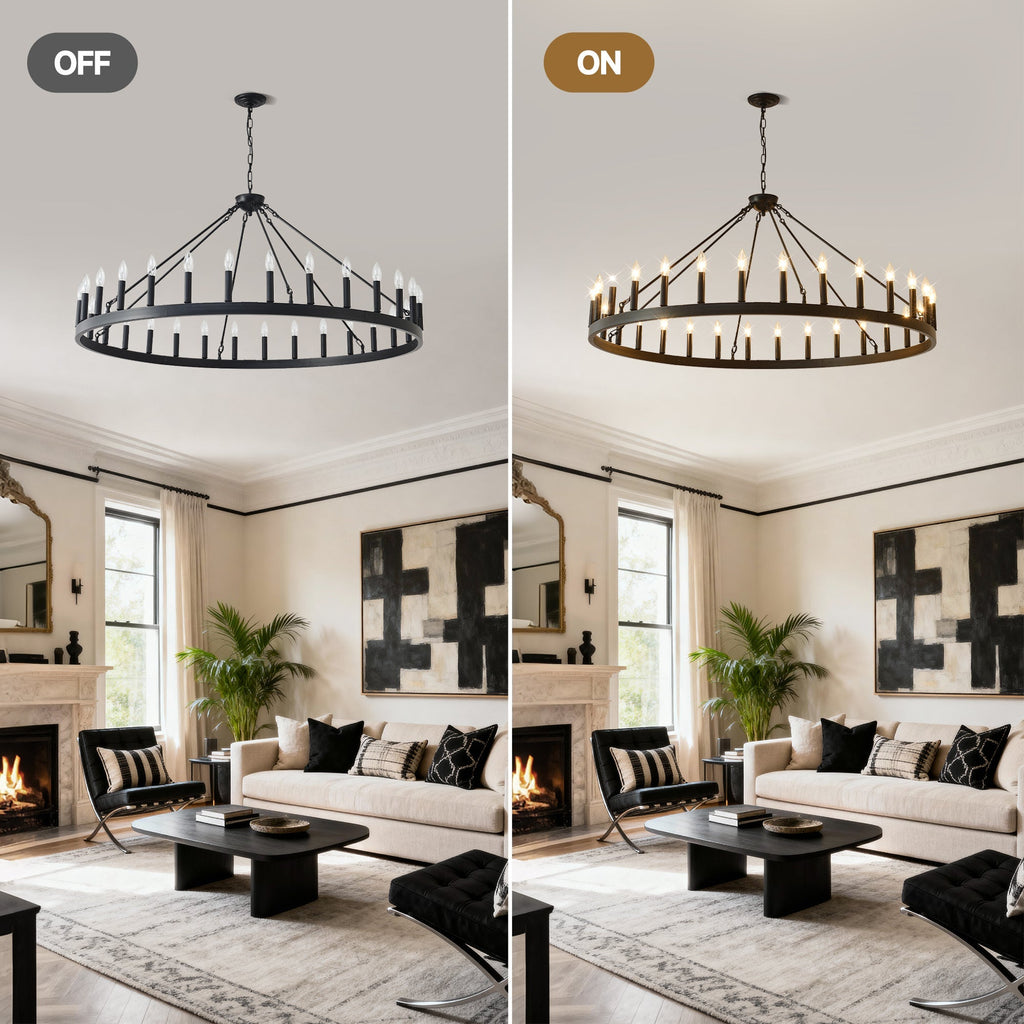53.15 Inch Matte Black Wagon Wheel Chandelier with 30 Lights