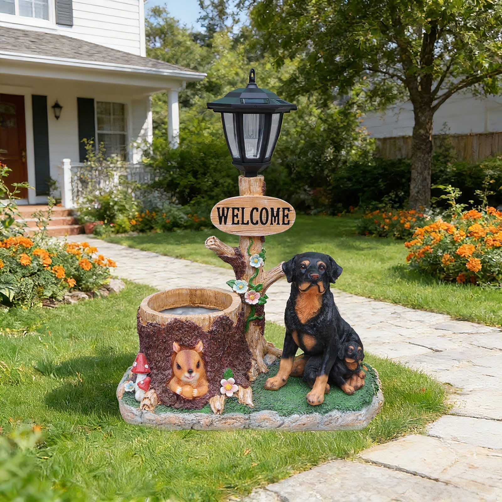 Rottweiler Dog Family Planter Statue