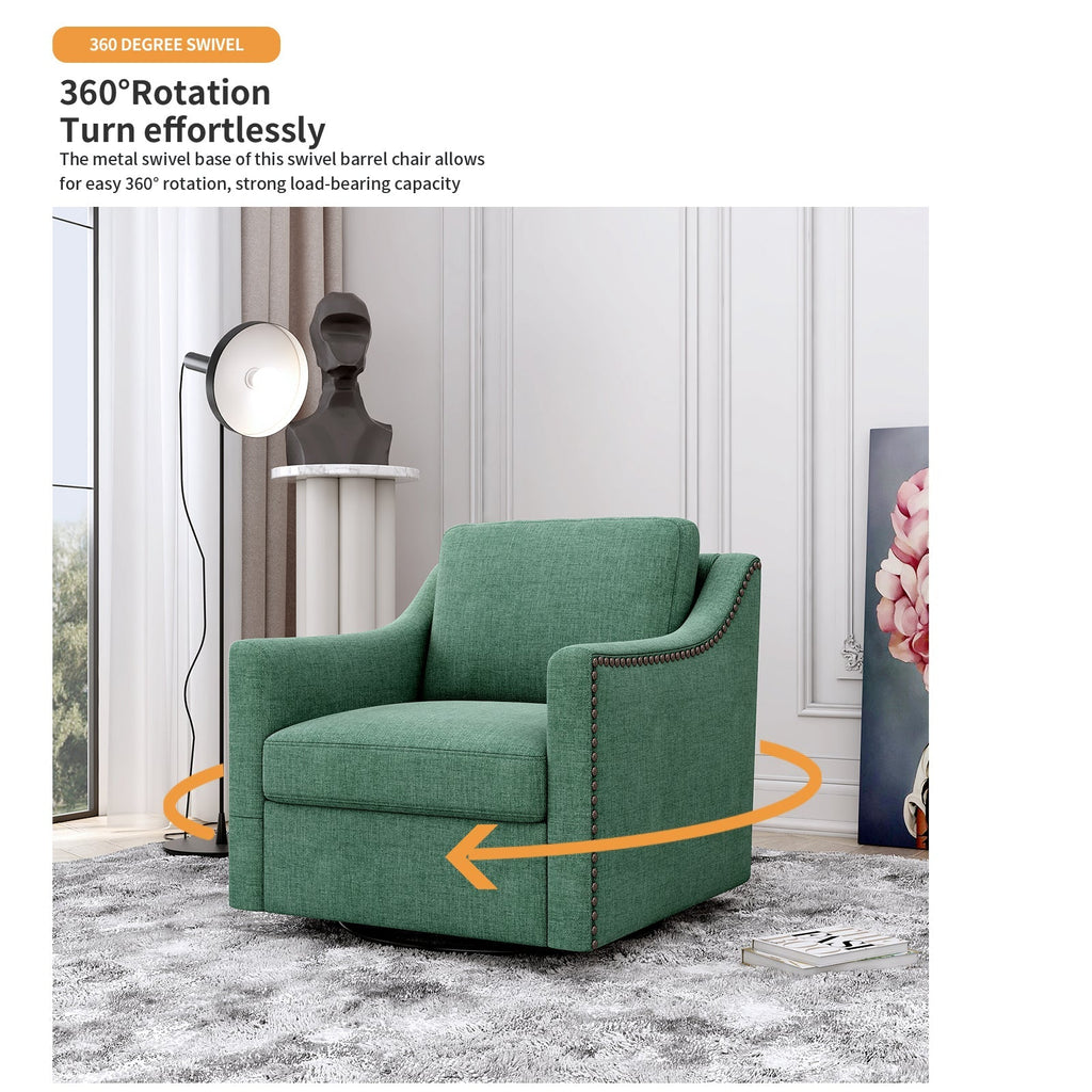 360 Degree Swivel Armchair Cotton Linen Fabric with Brass Nail Detailing
