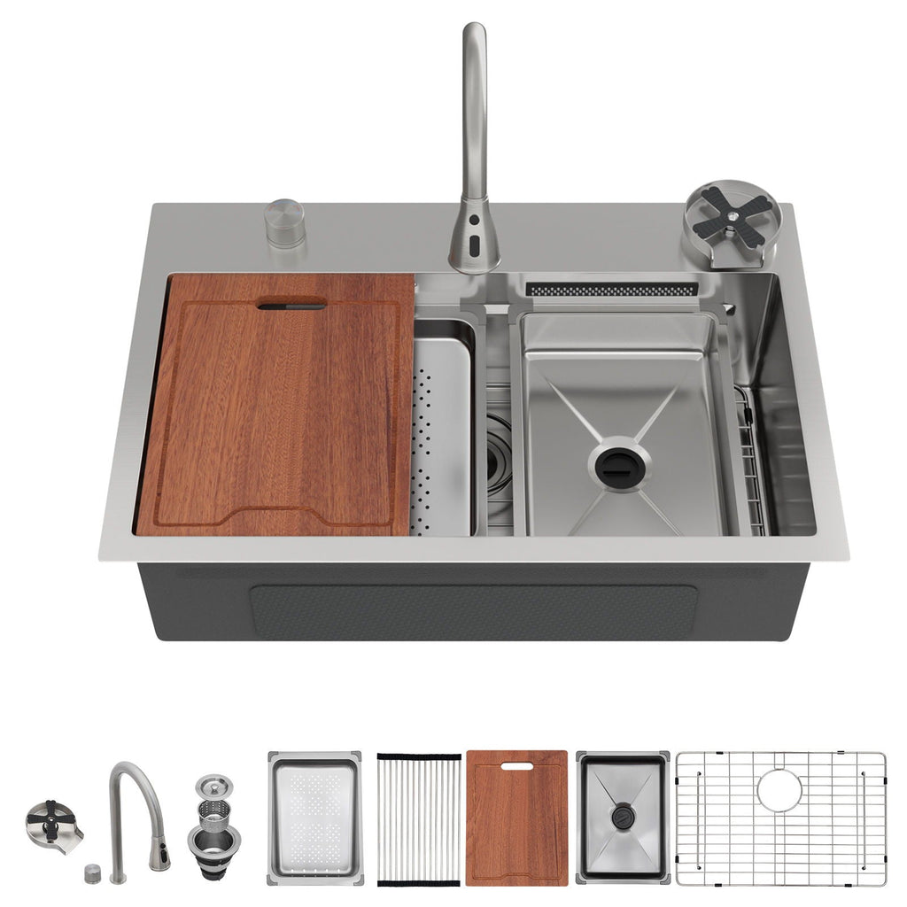 Drop In Waterfall Kitchen Sink With Pull-Out Faucet & Cup Washer