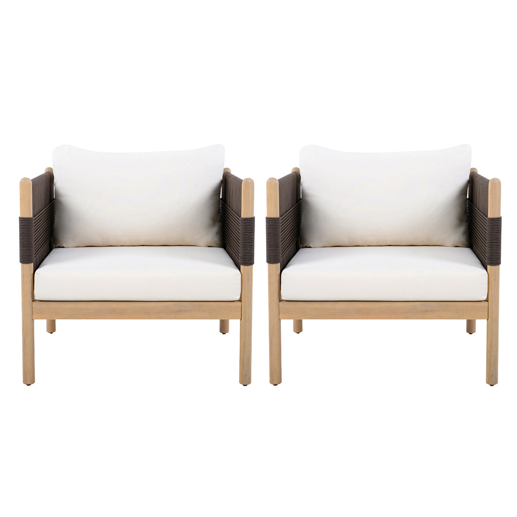 Outdoor Acacia Club Chairs (Set of 2) with Diamond-Pattern Black Rope, Light Teak Finish